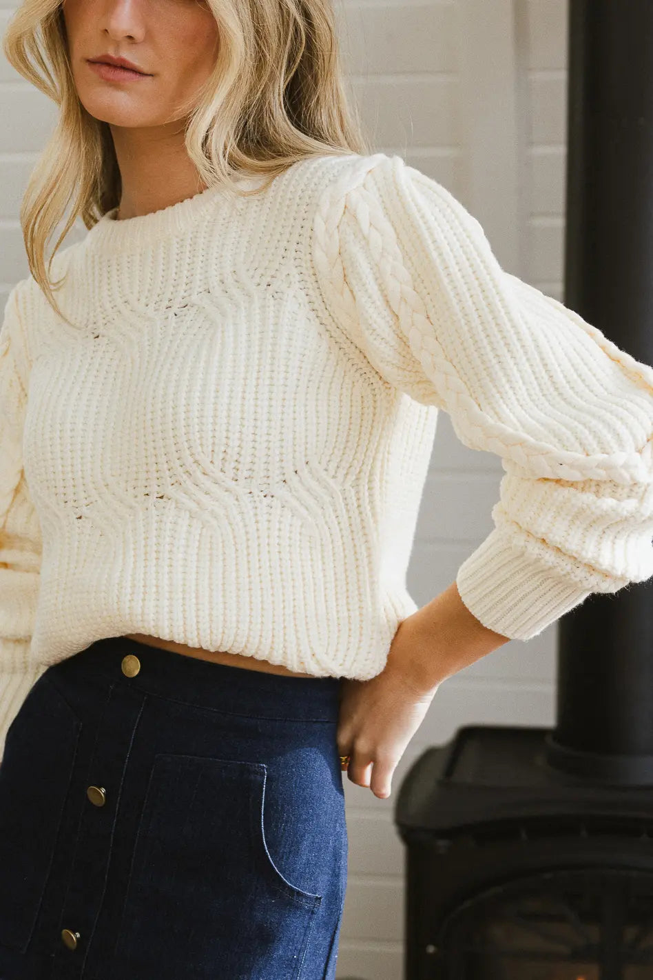 Amy Women's Ivory Braided Cable Knit Sweater - Cozy Winter Pullover for Casual Outings & Holiday Gatherings