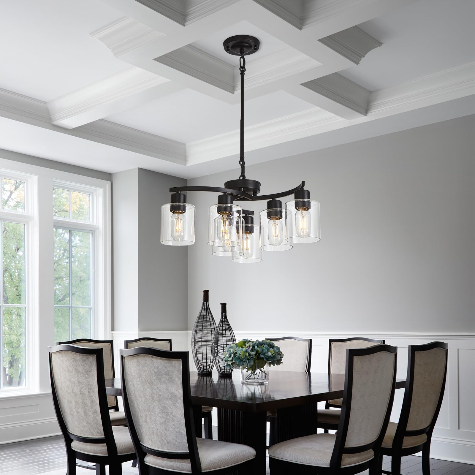 6-Light Modern Farmhouse Chandelier - Black Industrial Pendant Ceiling Light with Clear Glass Shade - Contemporary Hanging Lighting Fixture for Dining Room, Living Room, Kitchen Island & Entryway