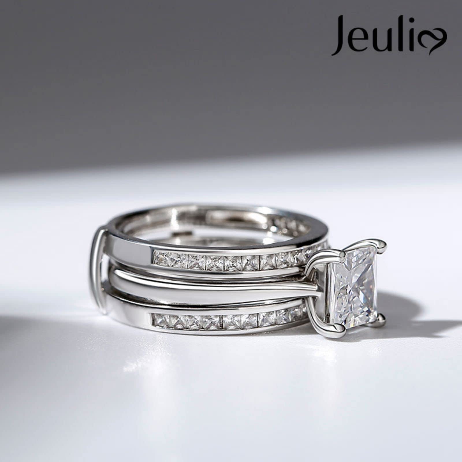 Jeulia 4.37 Carat Princess Cut Cubic Zirconia Engagement Ring & Wedding Band Set for Women - Sterling Silver CZ Solitaire Bridal Promise Rings - Perfect for Anniversaries, Proposals & Special Occasions