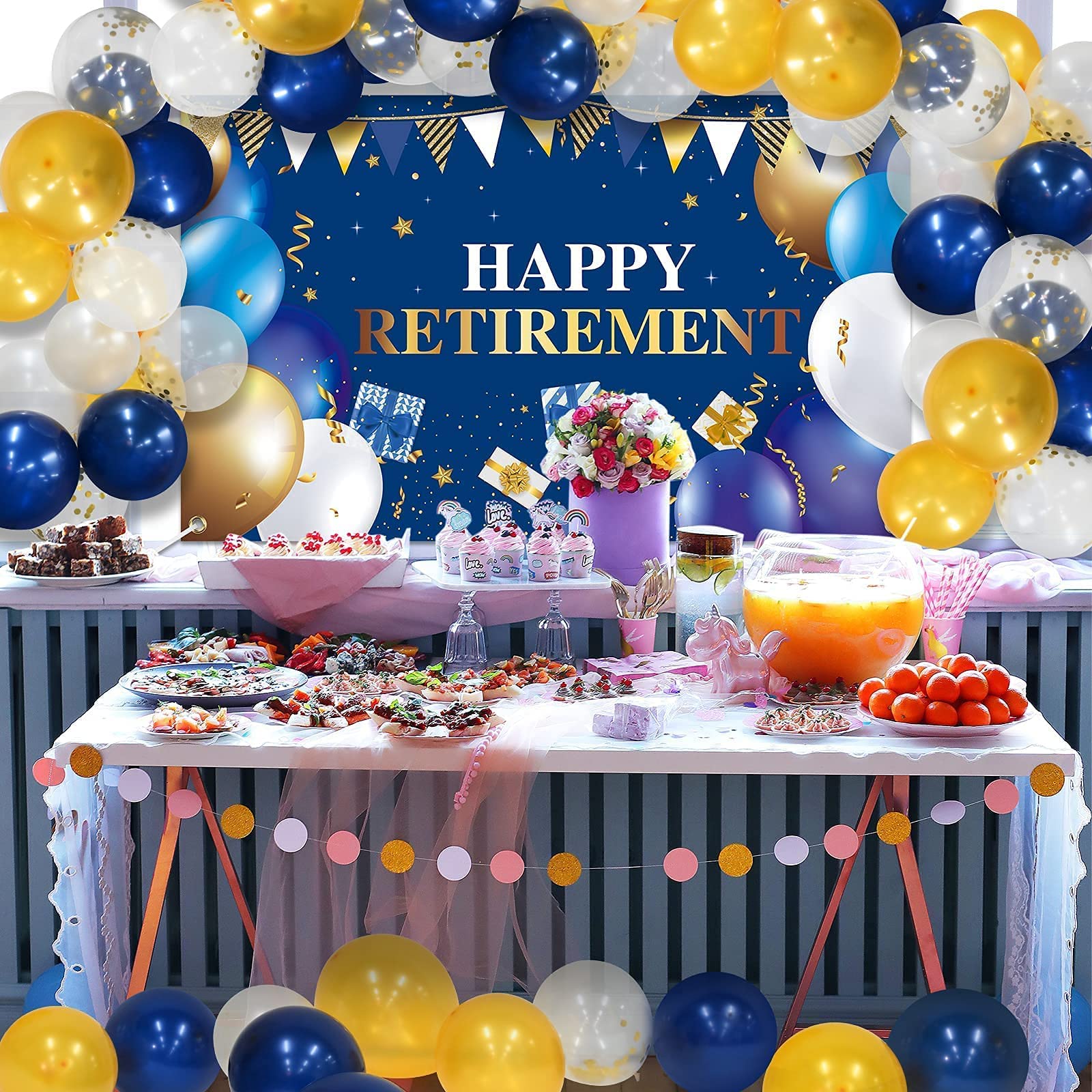 81 Pieces Navy Blue and Gold Retirement Party Decorations Kit - Includes 80 Pieces 12'' Balloons & 1 Large Happy Retirement Backdrop Banner - Perfect Retirement Party Supplies for Women & Men - Ideal for Office Celebrations, Farewell Parties & Milestone Events