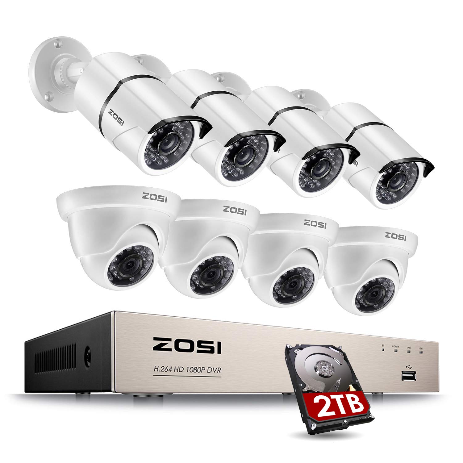 ZOSI 8CH 1080P Outdoor Security Camera System with 2TB HDD, 8 Channel CCTV DVR & 8x 1920TVL HD Surveillance Cameras - Night Vision, Motion Detection, Remote Viewing for Home & Business Protection
