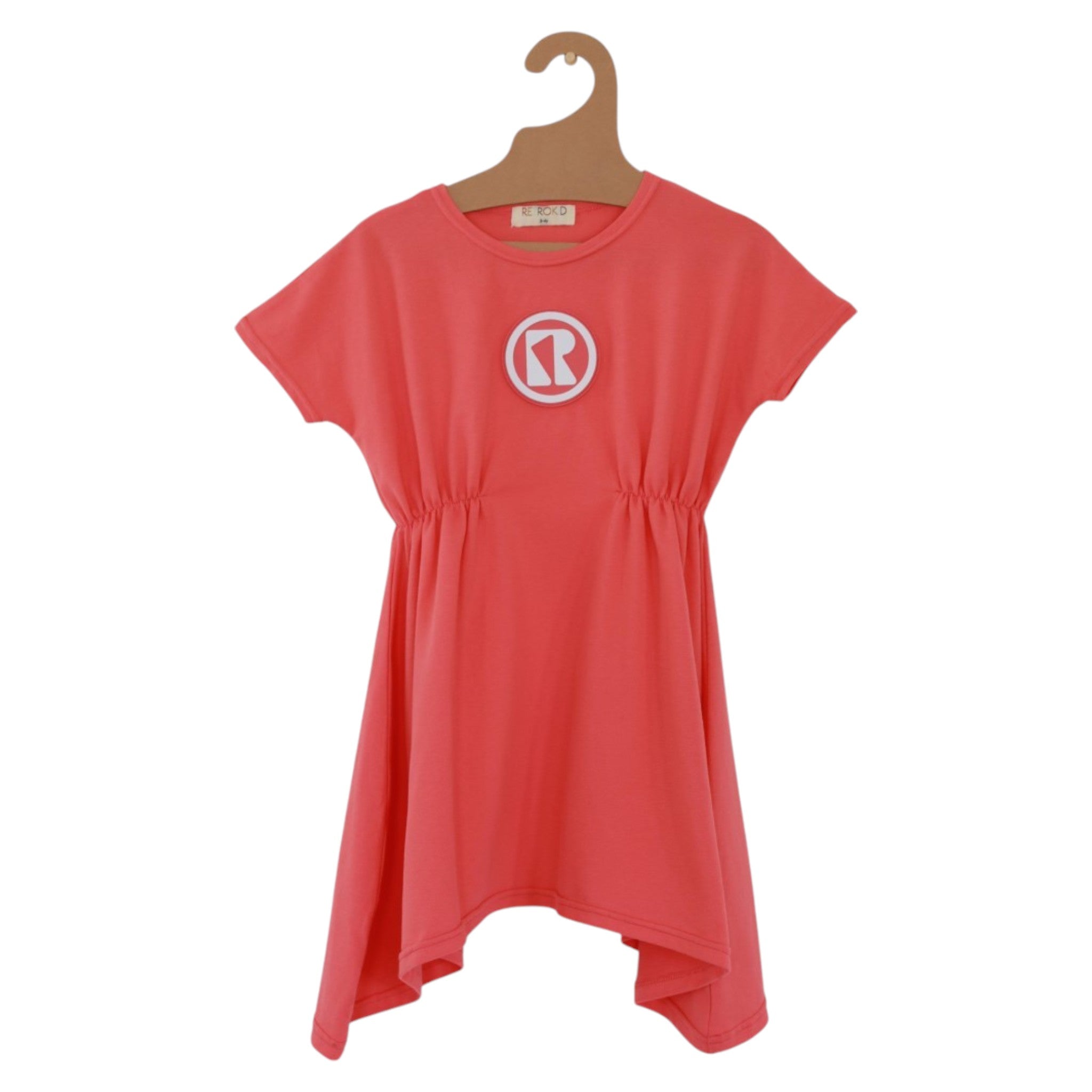 Vintage Coral Elastic Waist Dress for Kids - Retro Rubber Logo Design - Perfect for Birthday Parties, School Events & Casual Outings