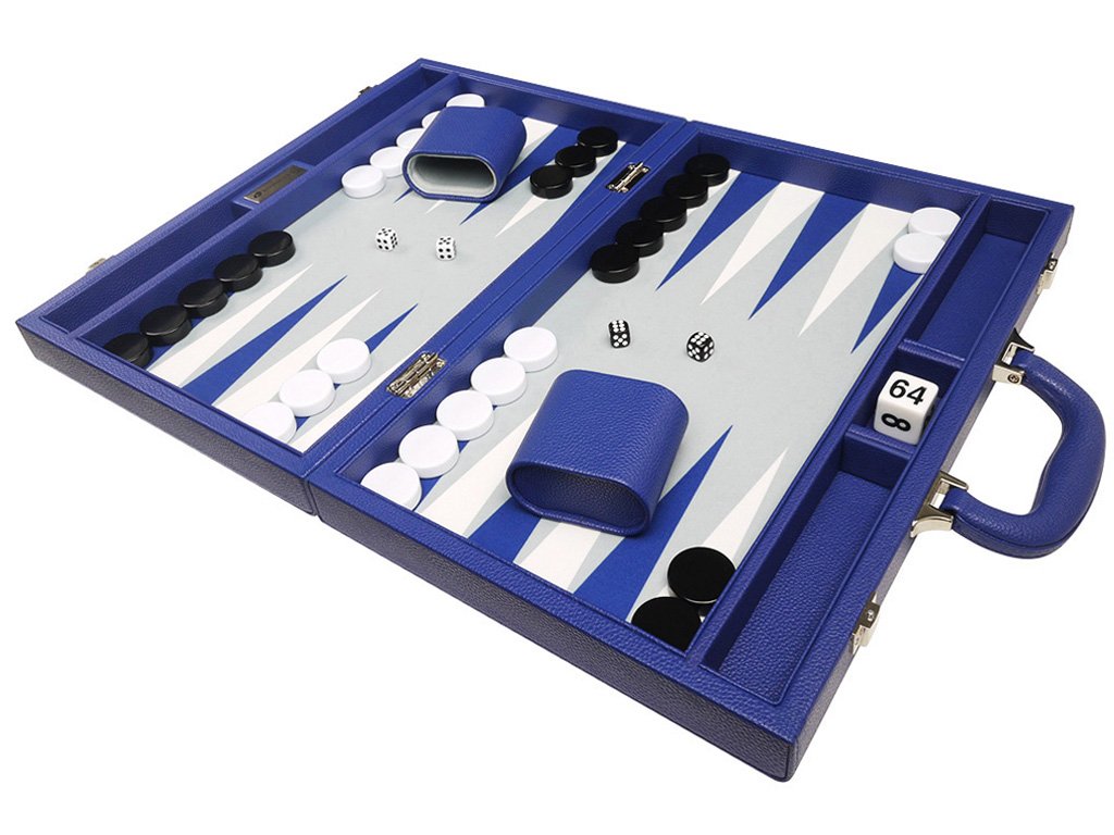 16-Inch Premium Backgammon Set with Indigo Blue Board & Grey Playing Surface - White and Blue Points - Perfect for Travel, Game Nights & Gifts