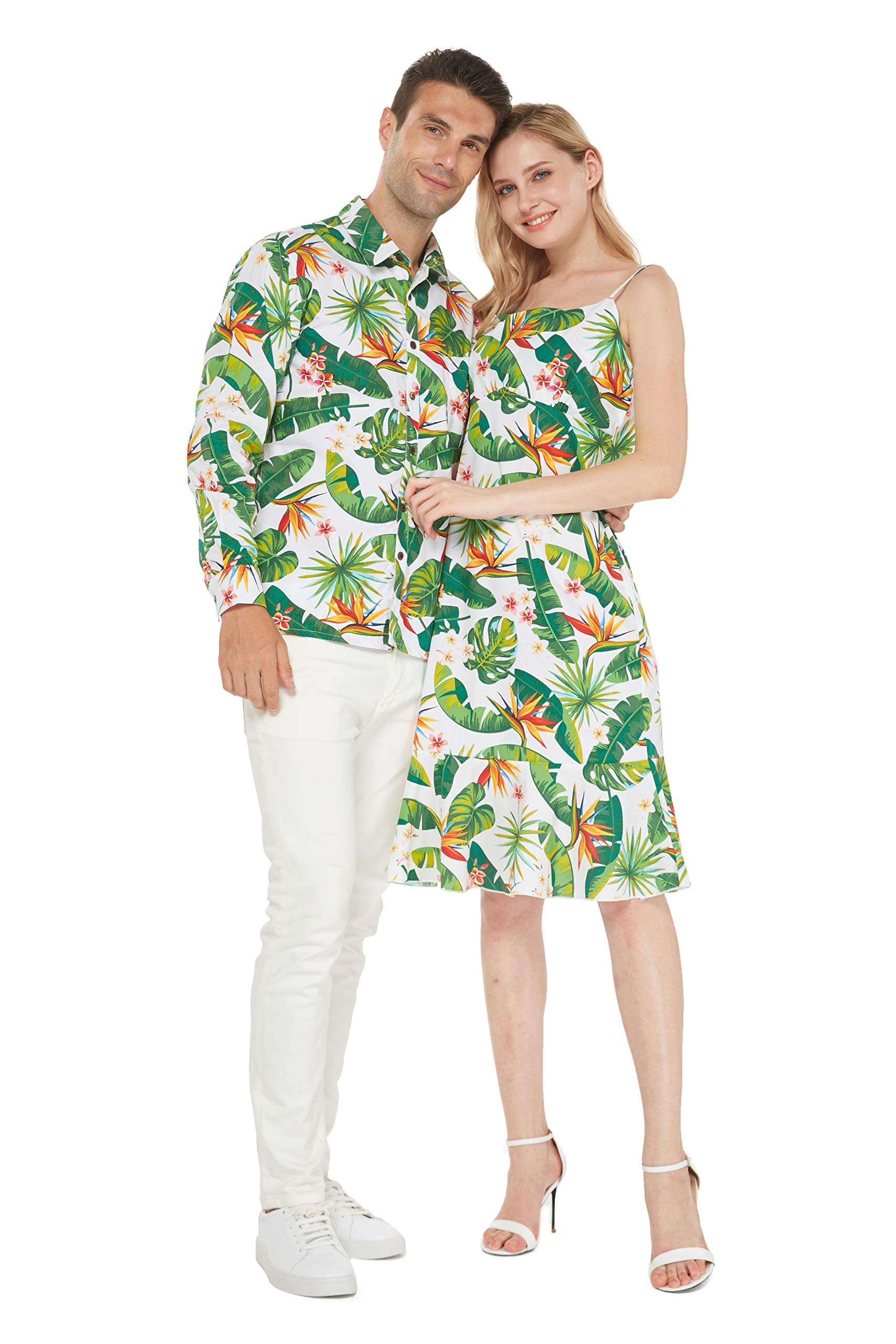 Matching Couple Hawaiian Luau Cruise Outfits - His & Hers Aloha Shirt & Mermaid Dress Set in Classic White | Perfect for Tropical Vacations, Beach Weddings & Cruise Ship Parties