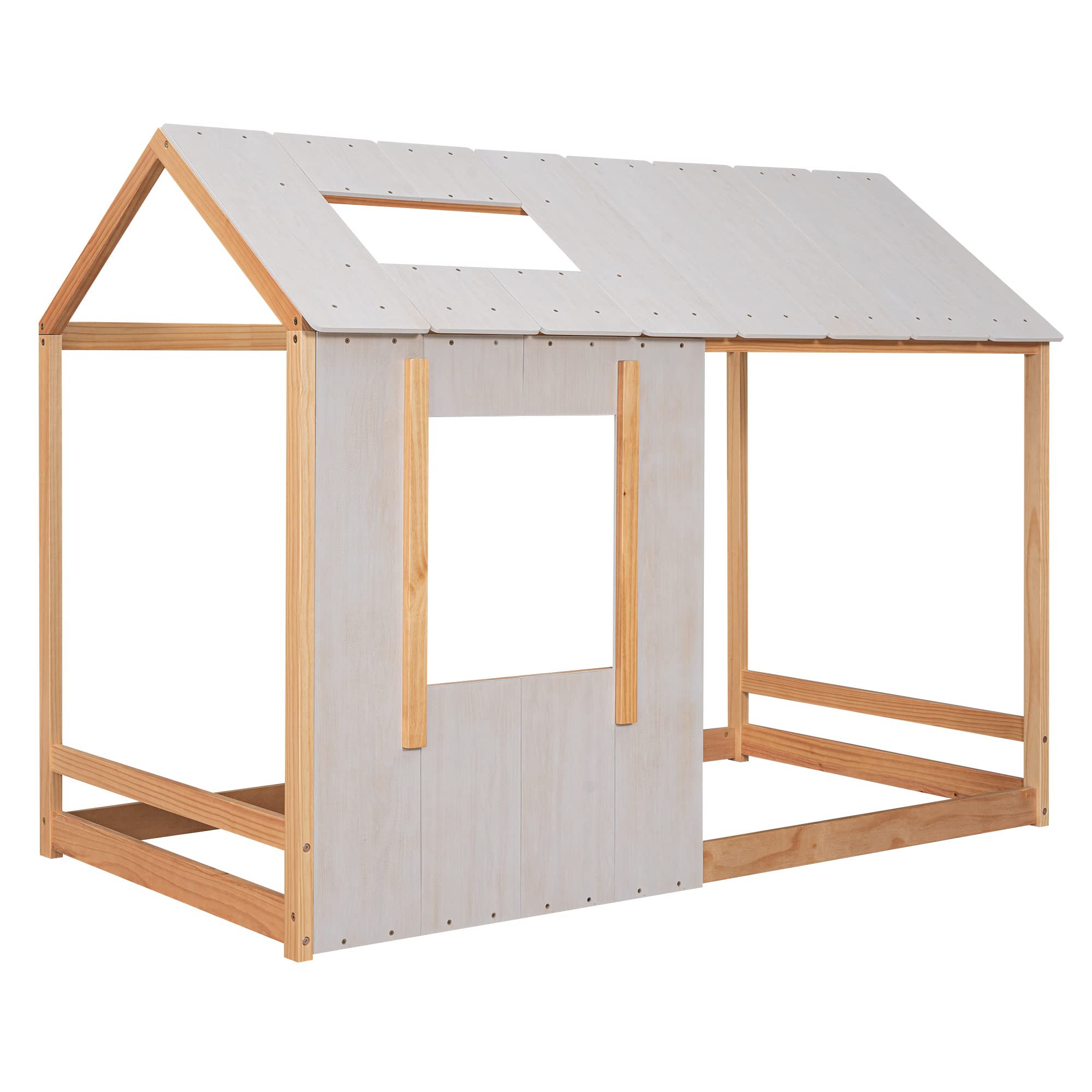 Wooden Twin House Bed Frame with Roof and Window for Kids - Twin Size Floor Bed in Natural & Antique White - Perfect for Boys & Girls Bedrooms, Playrooms, and Cozy Sleepovers
