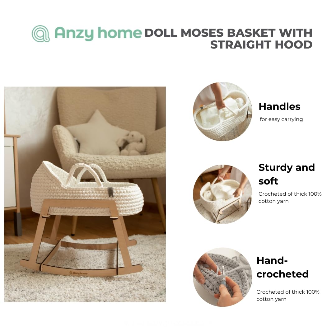 **White Boho Doll Bassinet with Round Hood & Rocking Stand - Baby Doll Crib, Pretend Play Toy Carrycot, Crochet Doll Basket for Nursery Decor & Imaginative Play**