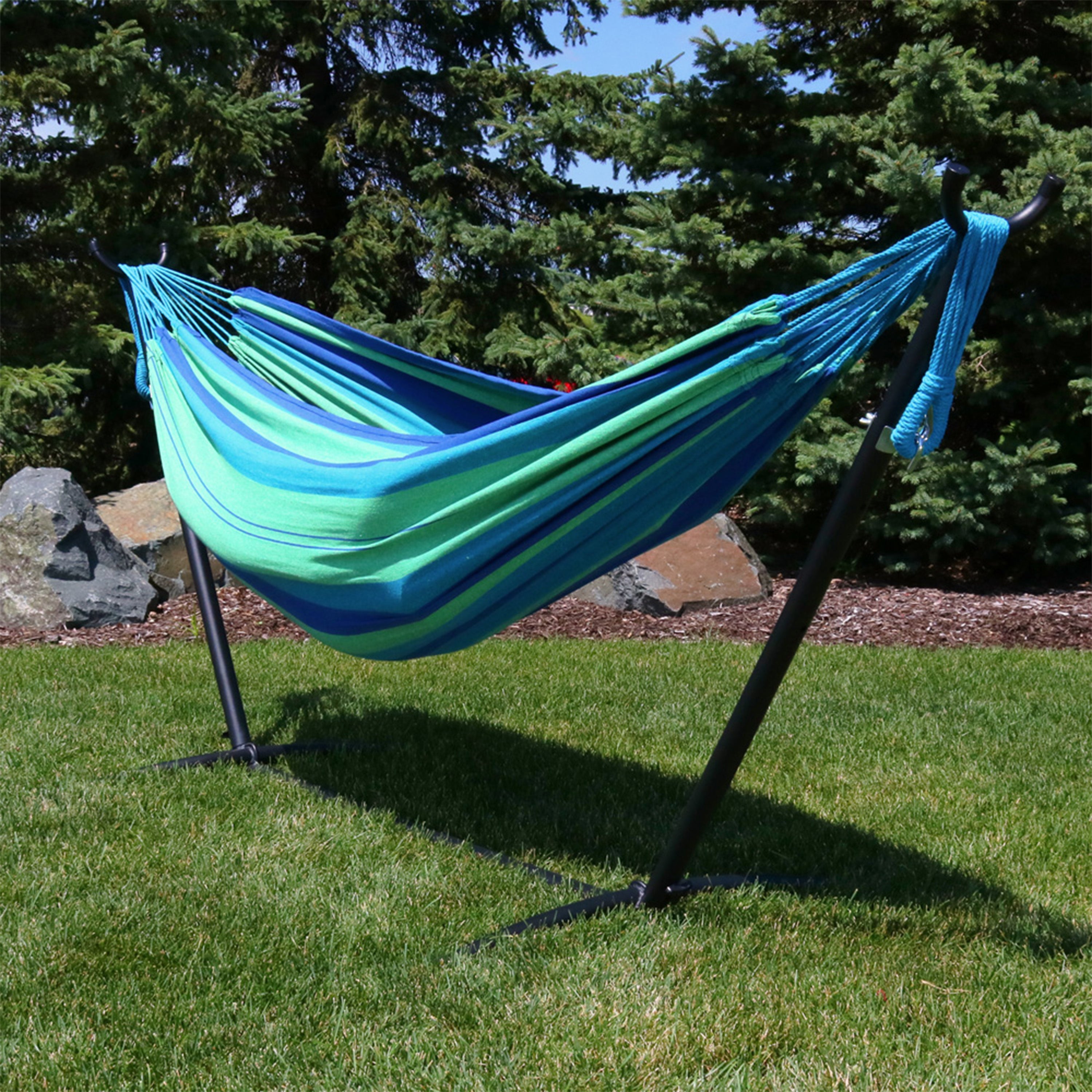 Premium Brazilian Double Hammock with Stand & Carry Bag - Heavy Duty Cotton Rope Hammock for Outdoor, Backyard, Patio & Beach Relaxation