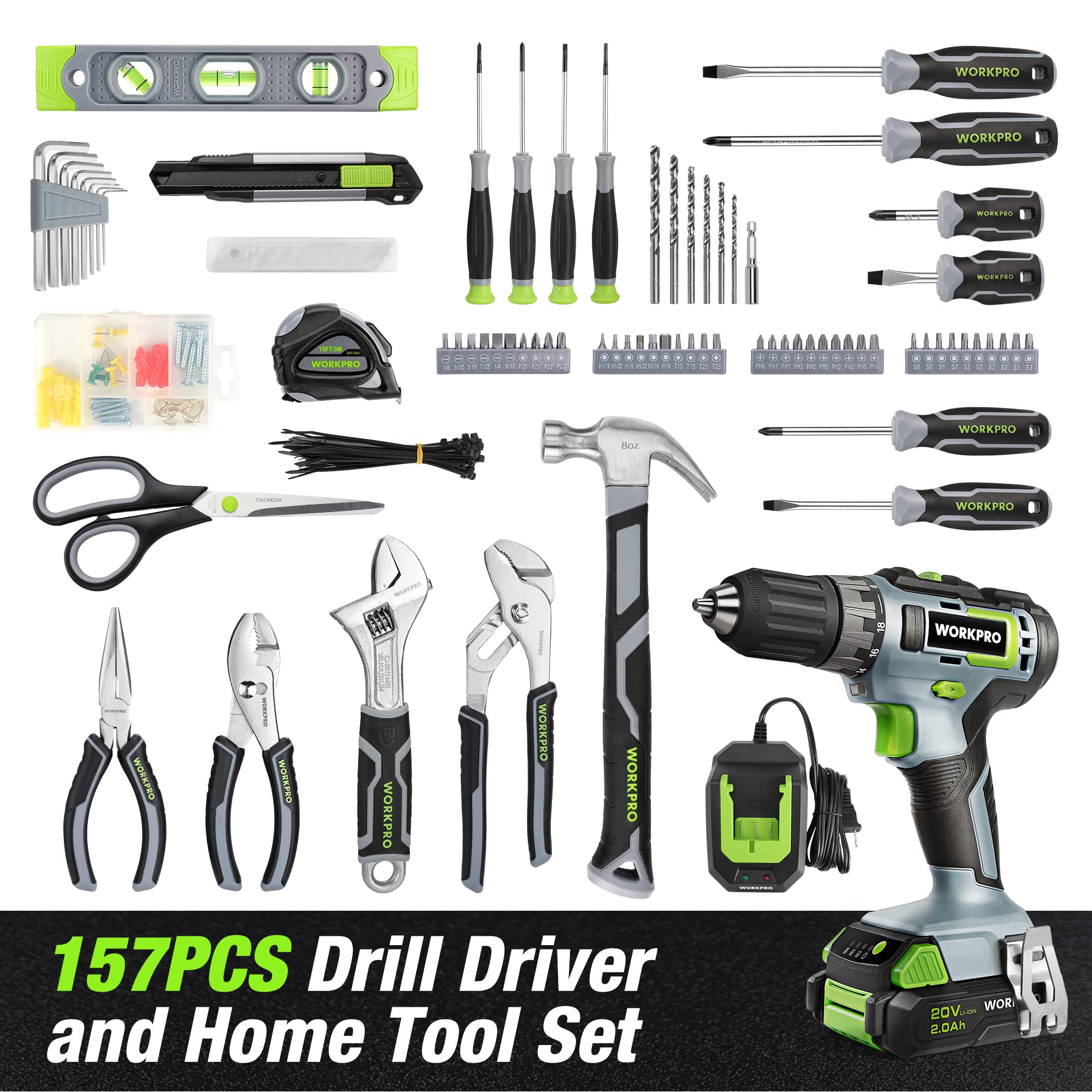 WORKPRO 157-Piece Home Tool Set with 20V Cordless Lithium-Ion Drill Driver, All-Purpose Power Tool Kit with Durable Tool Bag - Perfect for DIY Projects, Home Repairs, and Professional Construction Work