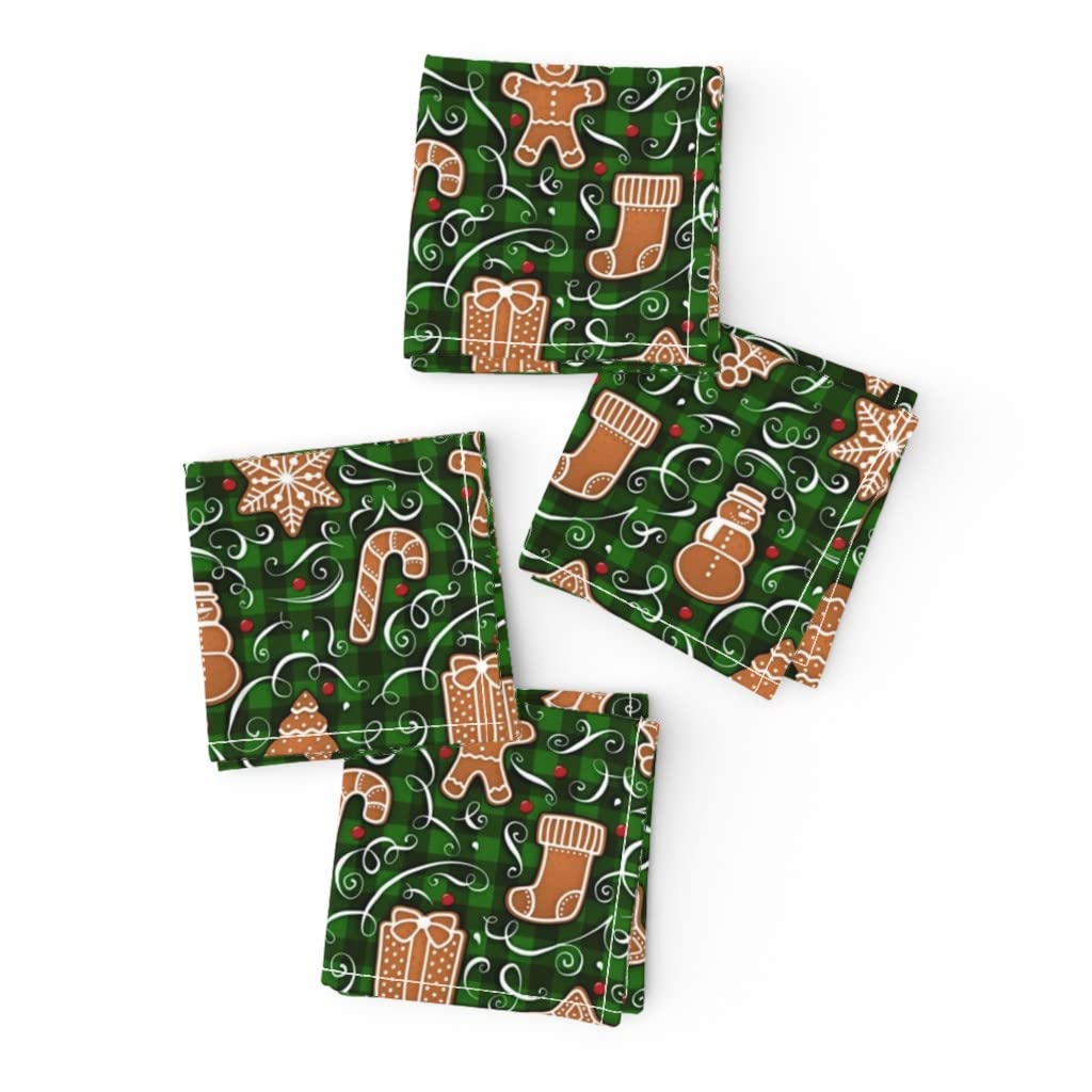 Christmas Holiday Cocktail Napkins Set of 4 - Linen Cotton Canvas Drink Napkins with Gingerbread Plaid & Holly Berries Winter Print | Perfect for Christmas Parties, Dinner Table Decor & Hostess Gifts