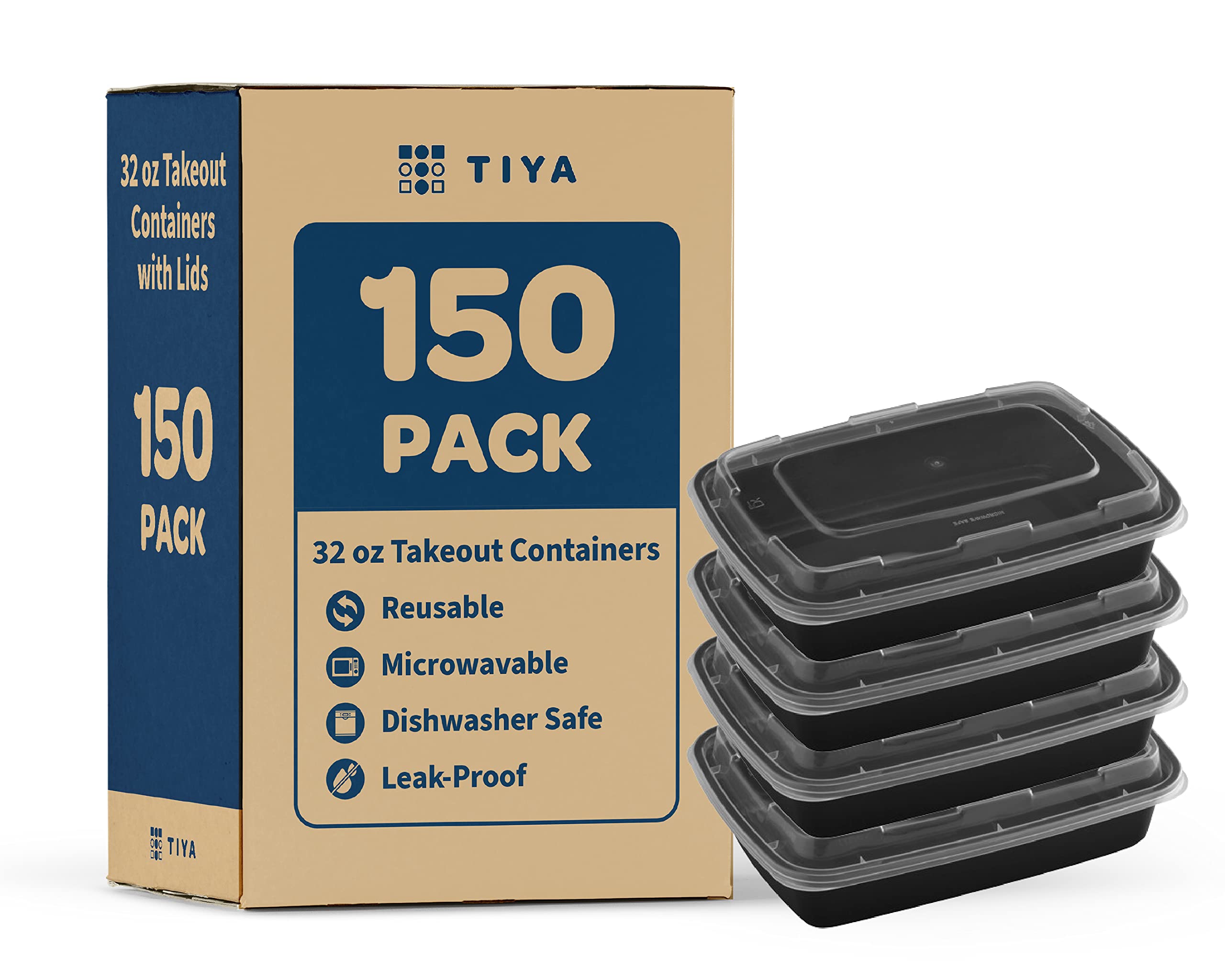 TIYA 32 oz Bulk 150 Pack Takeout Food Containers with Lids - Reusable Rectangular Plastic To-Go Containers - Microwave & Dishwasher Safe, BPA-Free, Leak-Proof - Perfect for Meal Prep, Restaurants, Catering & Leftovers Storage