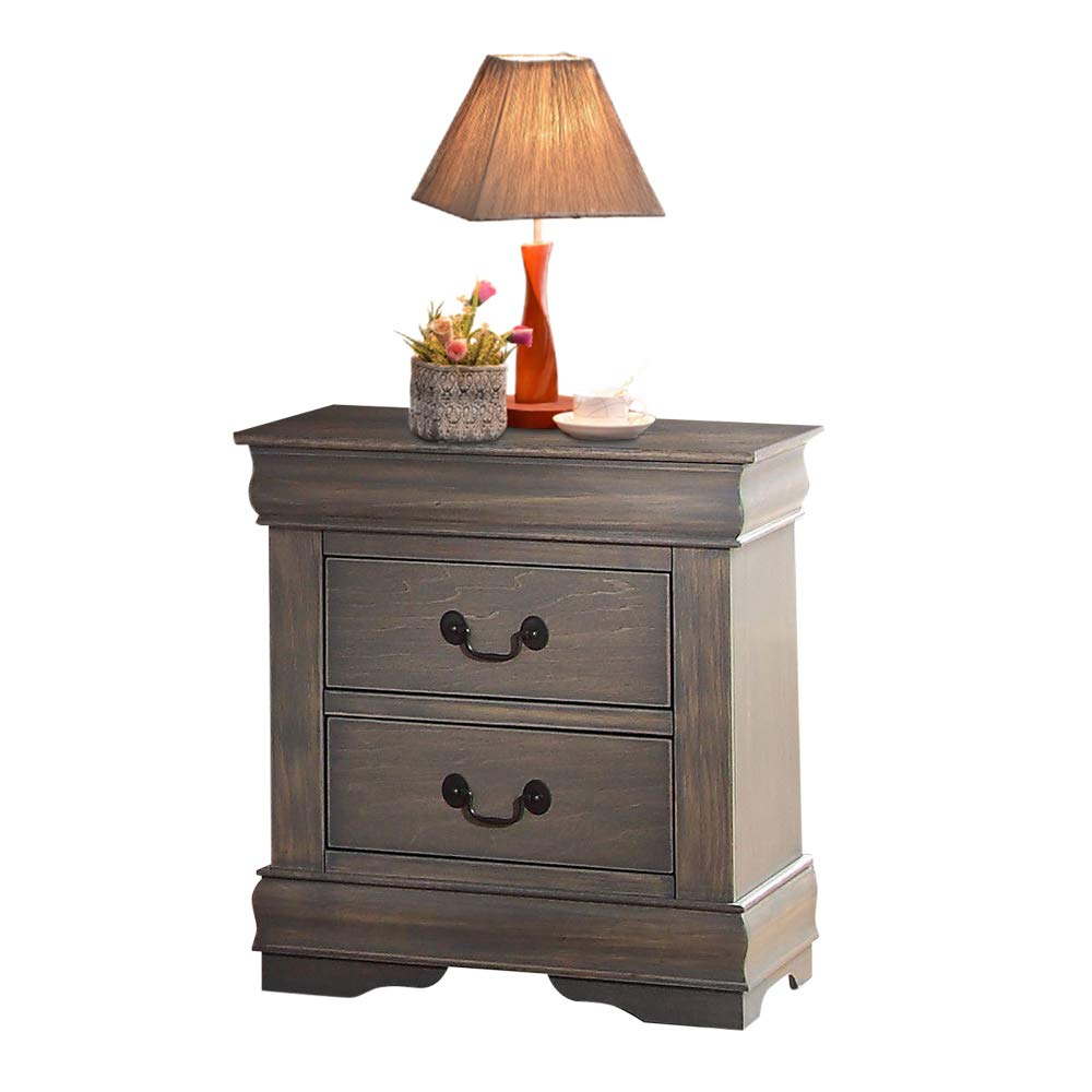 Antique Gray Nightstand with 2 Drawers - Vintage Wood Bedside Table with Retro Handles - Traditional Bedroom Storage Chest - Fully Assembled - Perfect for Small Spaces, Guest Rooms & Cozy Bedrooms