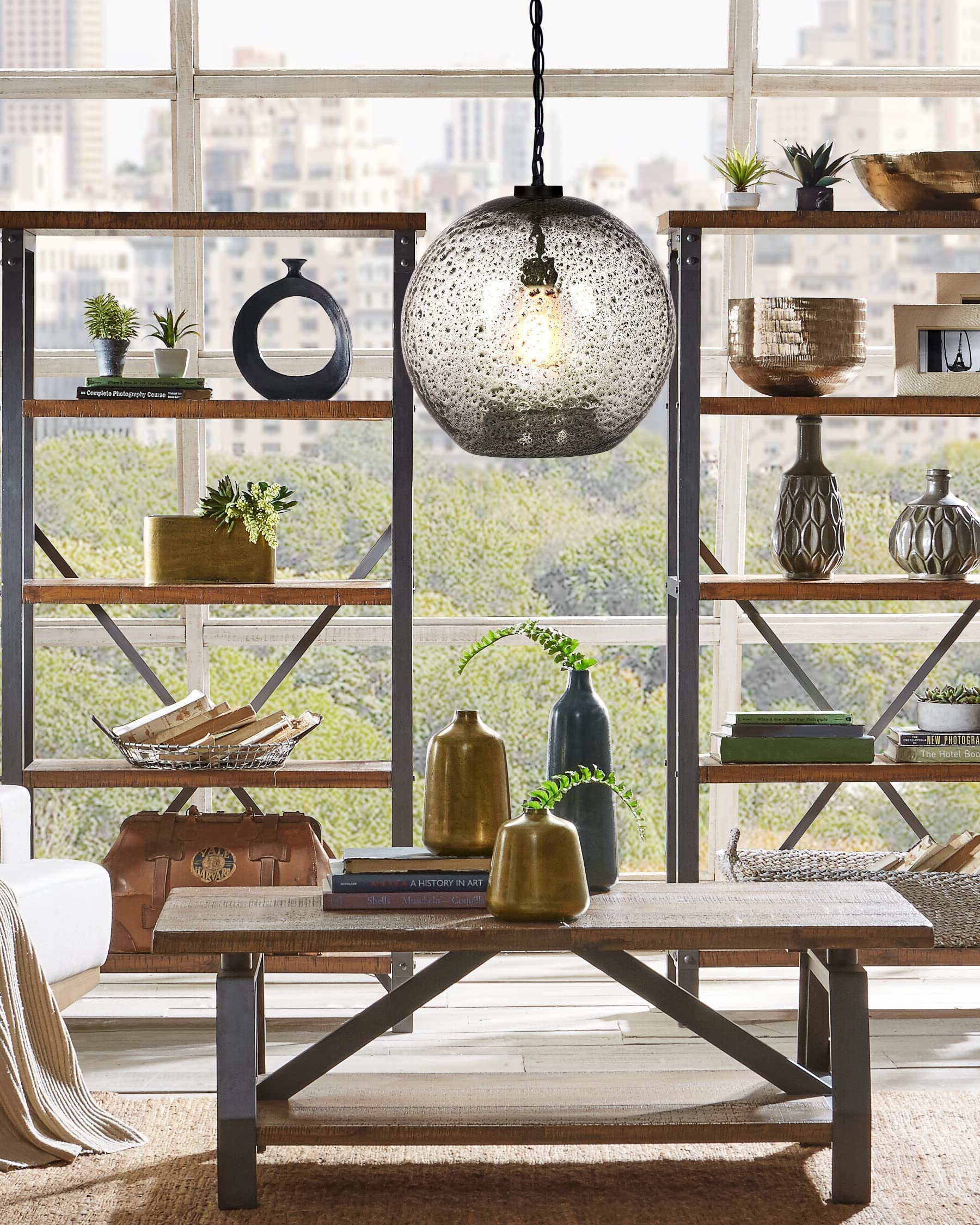 CASAMOTION Hand Blown Glass Pendant Light - 15.6 Inch Rustic Farmhouse Ceiling Hanging Fixture with Clear Marble Globe for Kitchen Island, Dining Room Table & Entryway Lighting | Dimmable Modern Chandelier for Hallway, Living Room & Bedroom Decor