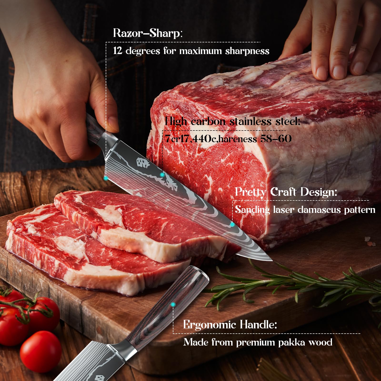 10-Piece ZENG Professional Japanese Stainless Steel Kitchen Knife Set - Chef Knives with Pakkawood Handles for Vegetables, Meat & Fruit - Perfect for Home Cooking, Restaurant Use & Gift Giving