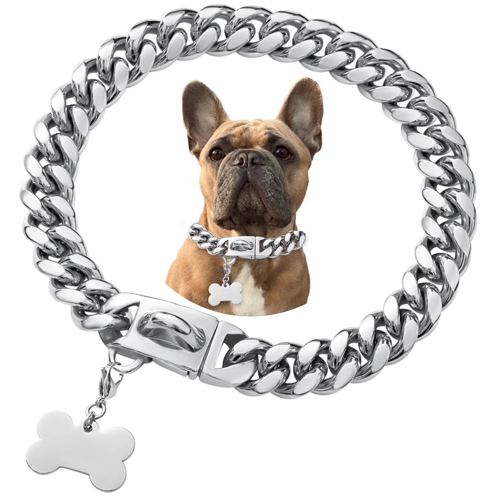 Stainless Steel Silver Cuban Link Curb Dog Collar - Heavy Duty Bulldog Jewelry Necklace for Large Dogs - Perfect for Pitbulls, Rottweilers & German Shepherds - Fashion & Protection for Daily Walks & Outdoor Adventures