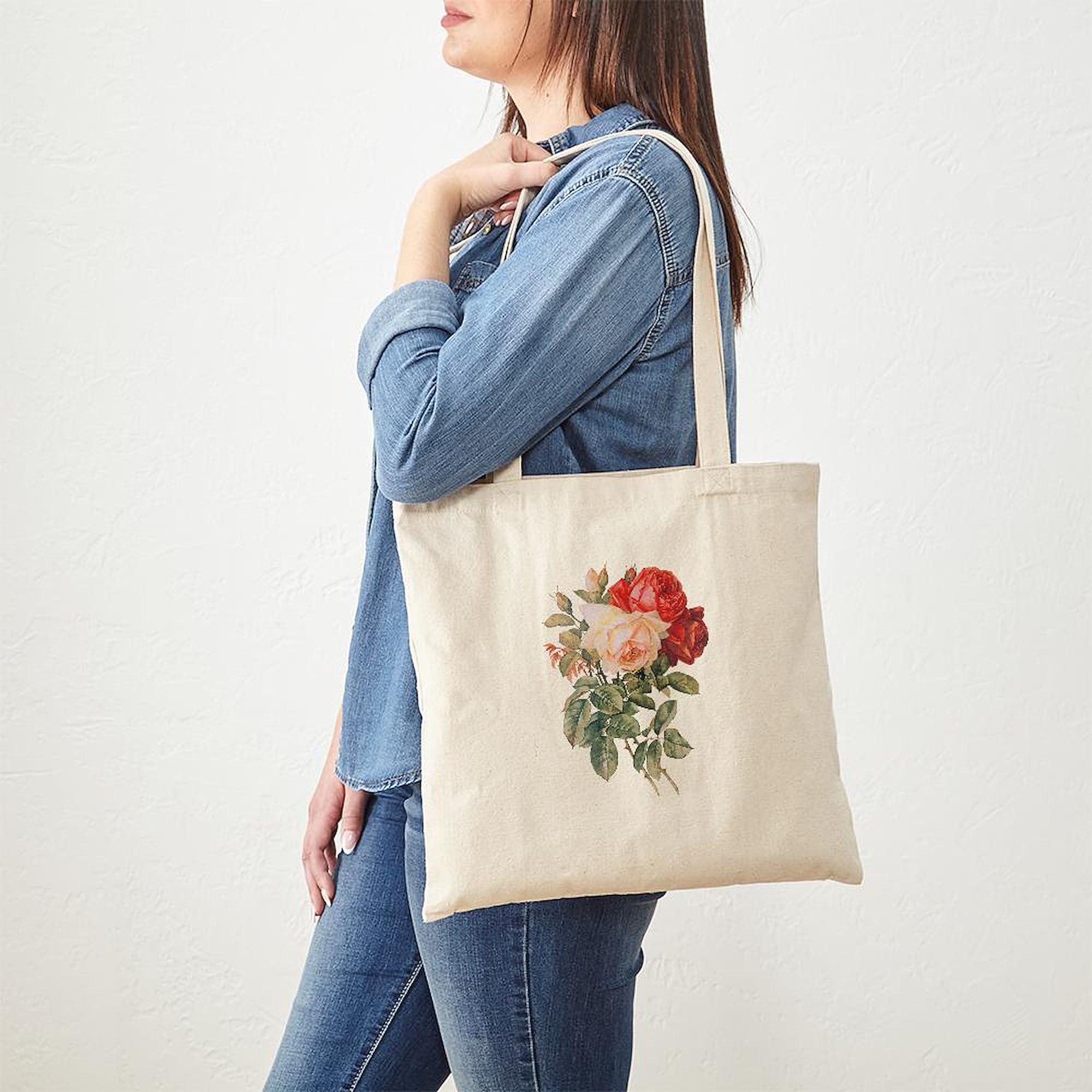 Three Roses Canvas Tote Bag - Natural Reusable Shopping Bag for Groceries, Beach & Everyday Use | Eco-Friendly Cotton Carryall