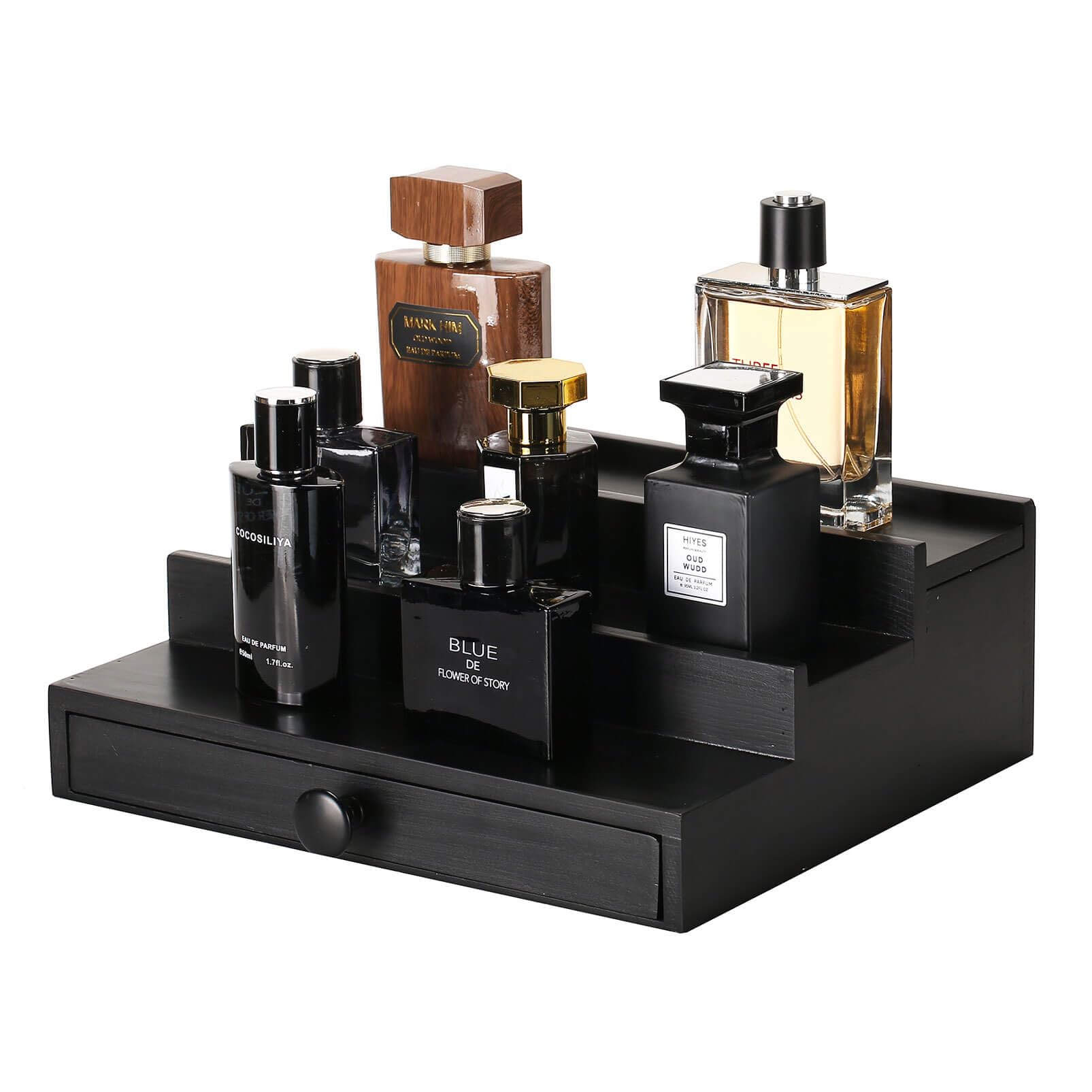 3-Tier Wooden Cologne Organizer for Men with Drawer - Perfume Display Stand for Dresser & Vanity