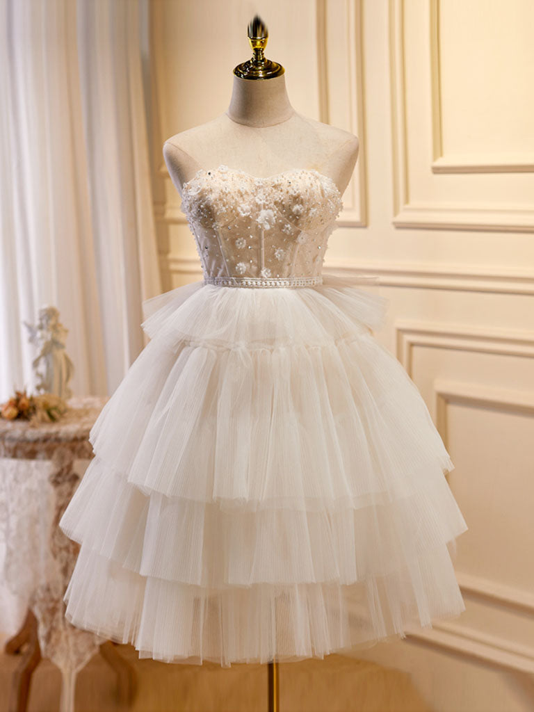 Beige Sweetheart Neck Tulle Puffy Short Prom Dress for Homecoming, Quinceañera, Party - Elegant Beige Formal Dress for Teens & Juniors