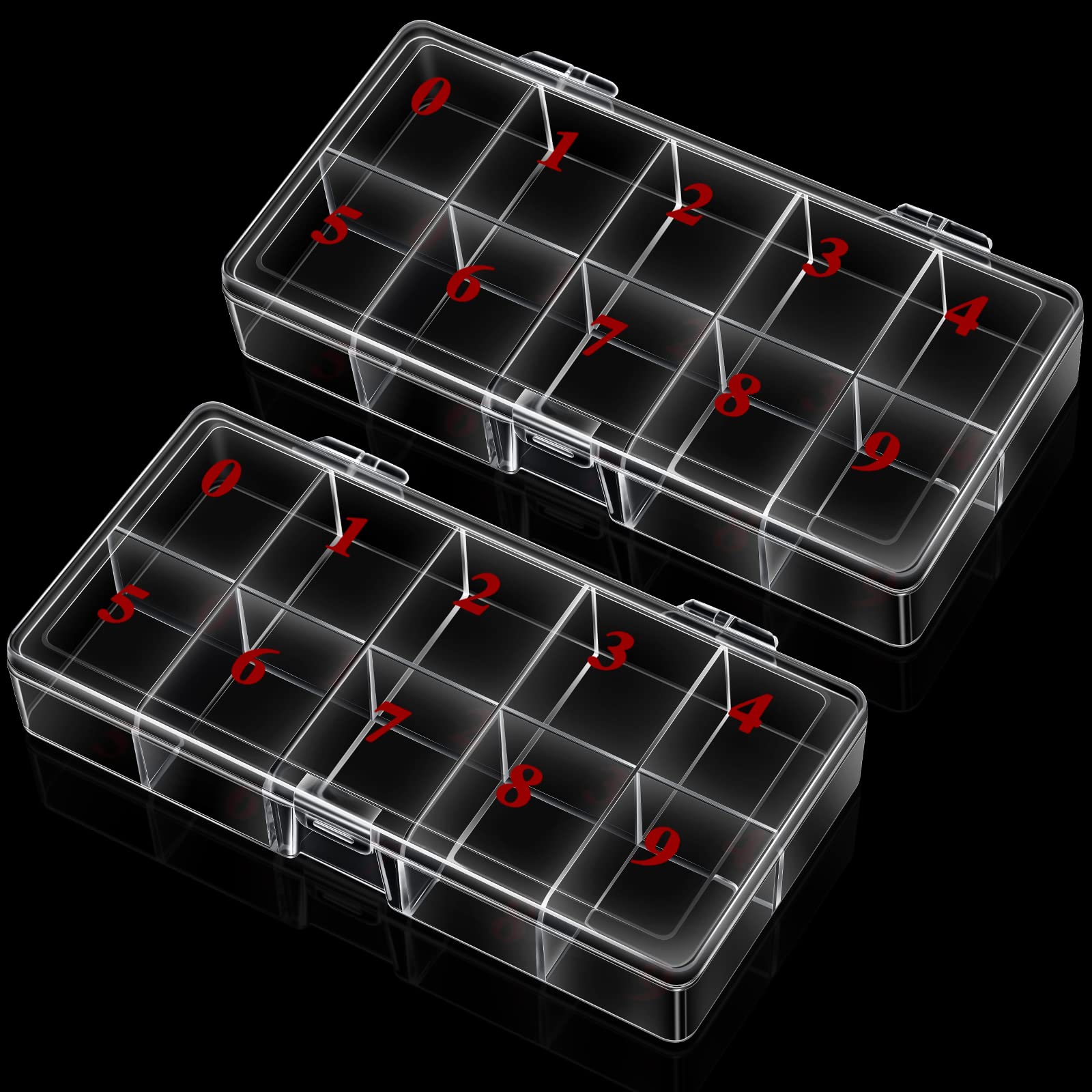 2 Pack Clear Plastic Nail Tip Organizer Storage Box with 10 Numbered Spaces - Nail Art Accessory Case for False Nails, Crystal Jewelry & Manicure Tools - Perfect for Salon, Home Use & Travel Organization
