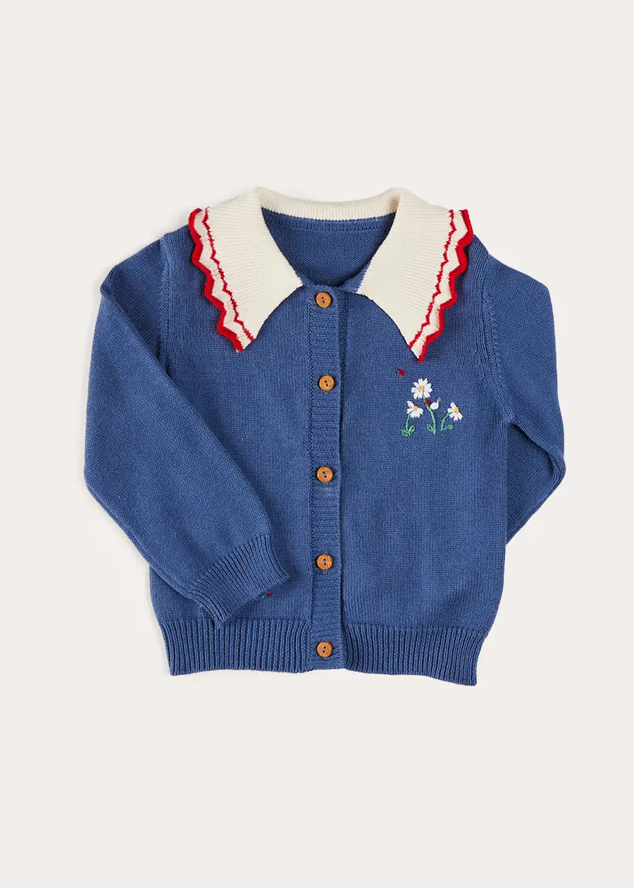 Navy Floral Embroidery Statement Collar Cardigan for Girls (2-10 Years) - Perfect for School, Parties & Special Occasions