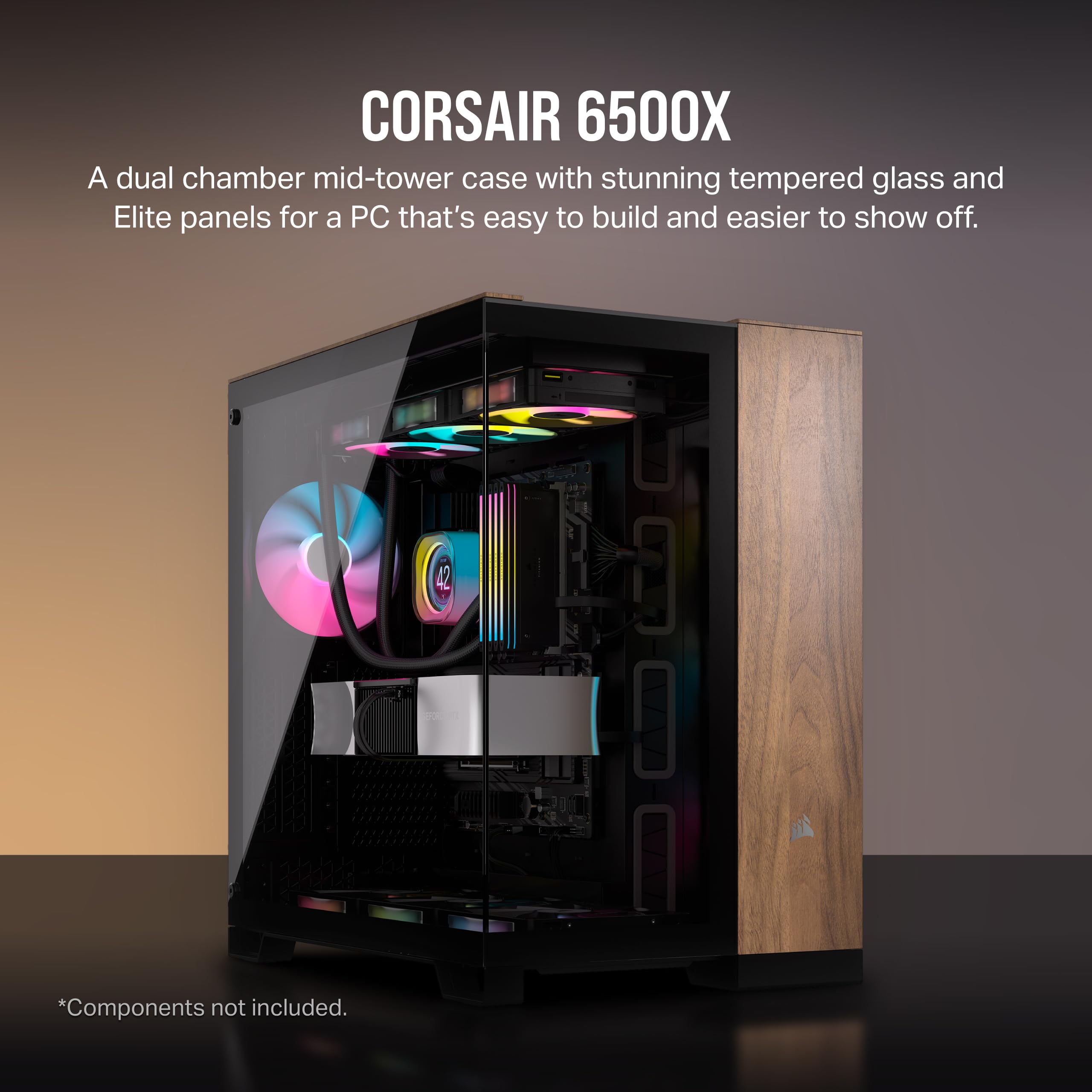 CORSAIR 6500X Mid-Tower ATX Dual Chamber PC Case - Panoramic Tempered Glass, Reverse Connection Motherboard Compatible, High Airflow Design - Black/Walnut Wood (No Fans Included) - Perfect for Gaming Rigs, Workstations & Custom PC Builds