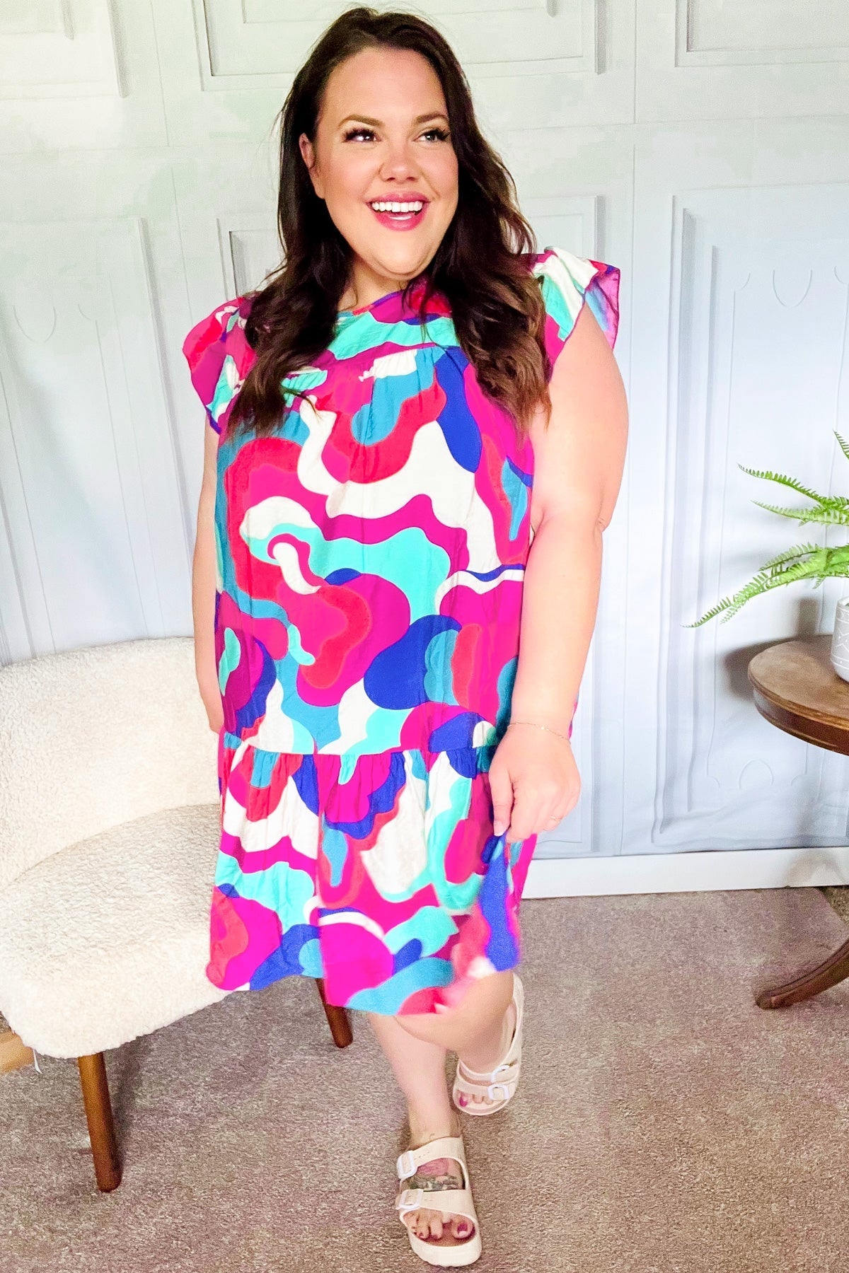 Go For Fun Fuchsia Geo Print Tiered Ruffle Sleeve Woven Dress for Women | Summer Casual Party Wear | Perfect for Beach Vacations, Date Nights & Outdoor Events