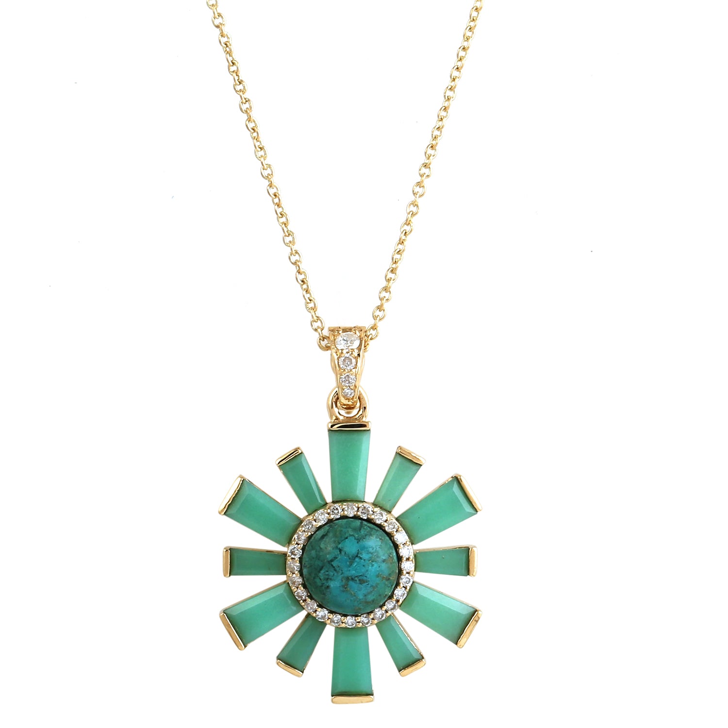 18K Yellow Gold Baguette Chrysoprase Pave Diamond Sunburst Choker Necklace | Elegant Statement Jewelry for Weddings, Parties & Special Occasions