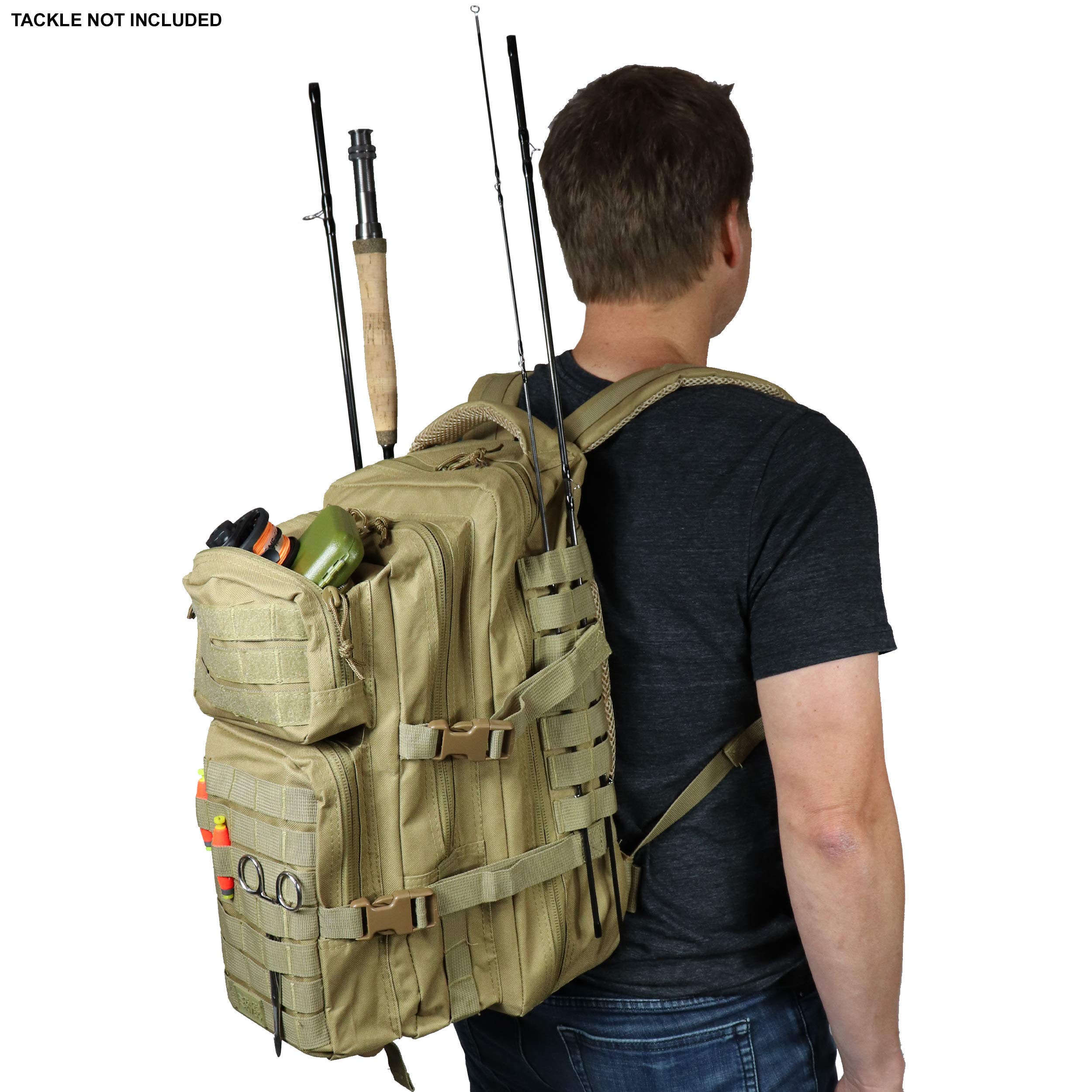 OSAGE RIVER Fishing Tackle Backpack with Rod Holder - Large Waterproof Fishing Gear Bag for Tackle Trays & Boxes - Ideal for Bass Fishing, Camping, Travel & Hunting (Khaki) - Perfect for Outdoor Adventures & Fishing Trips