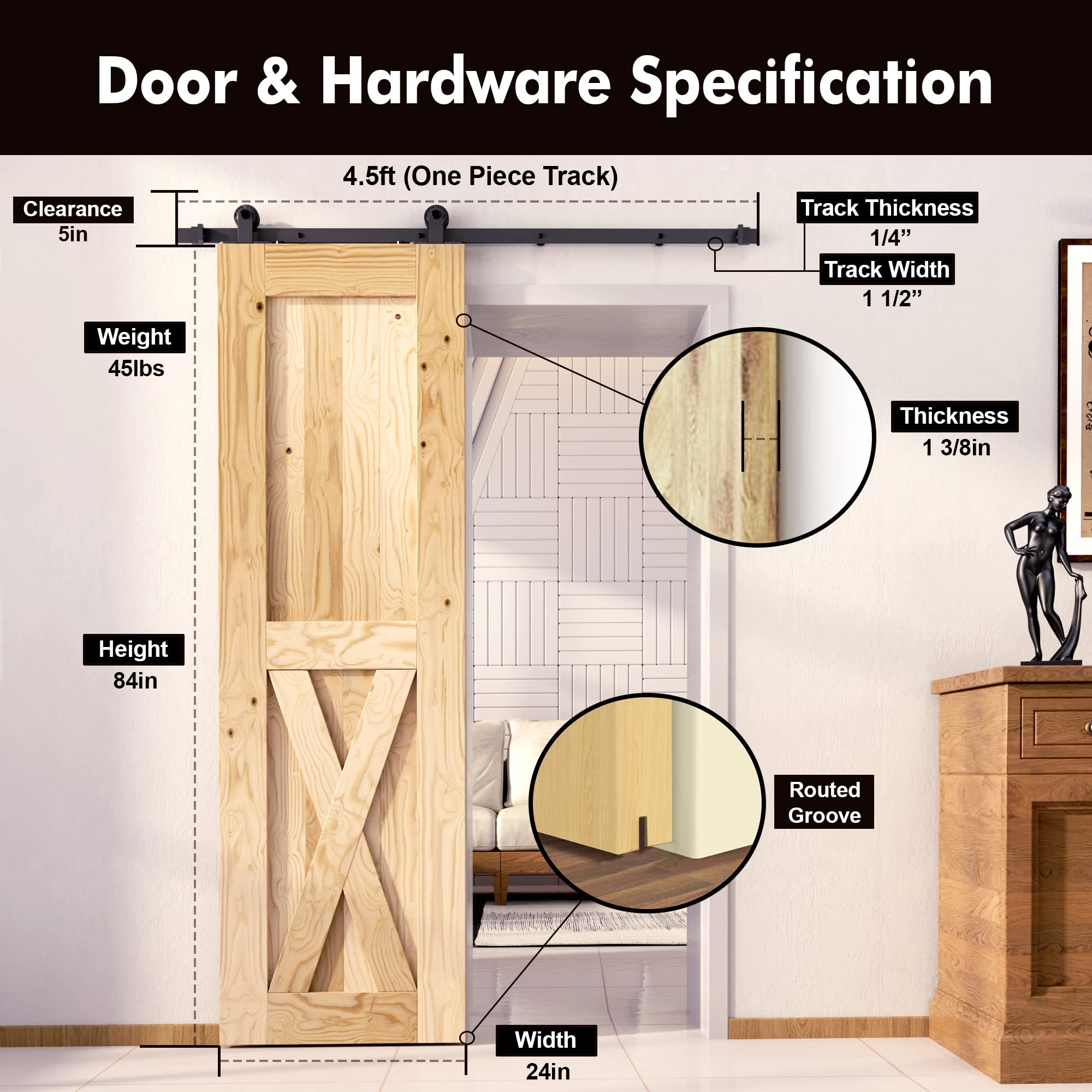 Homacer Black Rustic Non-Bypass Sliding Barn Door Kit with 4.5ft Flat Track & T-Shape Rollers - Single Door Hardware for 24in x 84in Interior Doors - Perfect for Bedrooms, Closets, and Farmhouse Style Homes