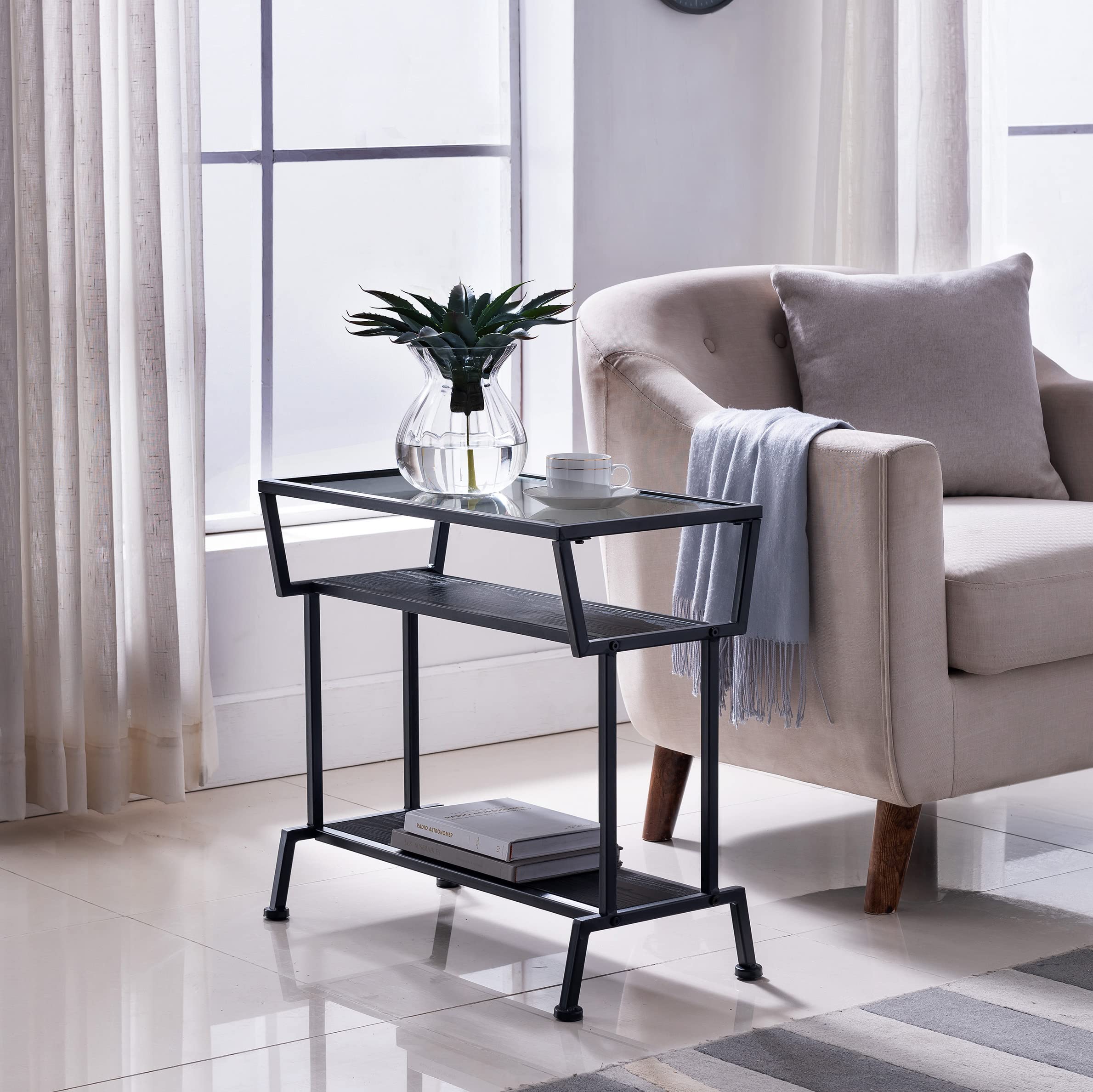 Kings Brand Furniture - Dosamantes Side End Table with Storage Shelves, Black - Perfect for Living Room, Bedroom, or Office Organization