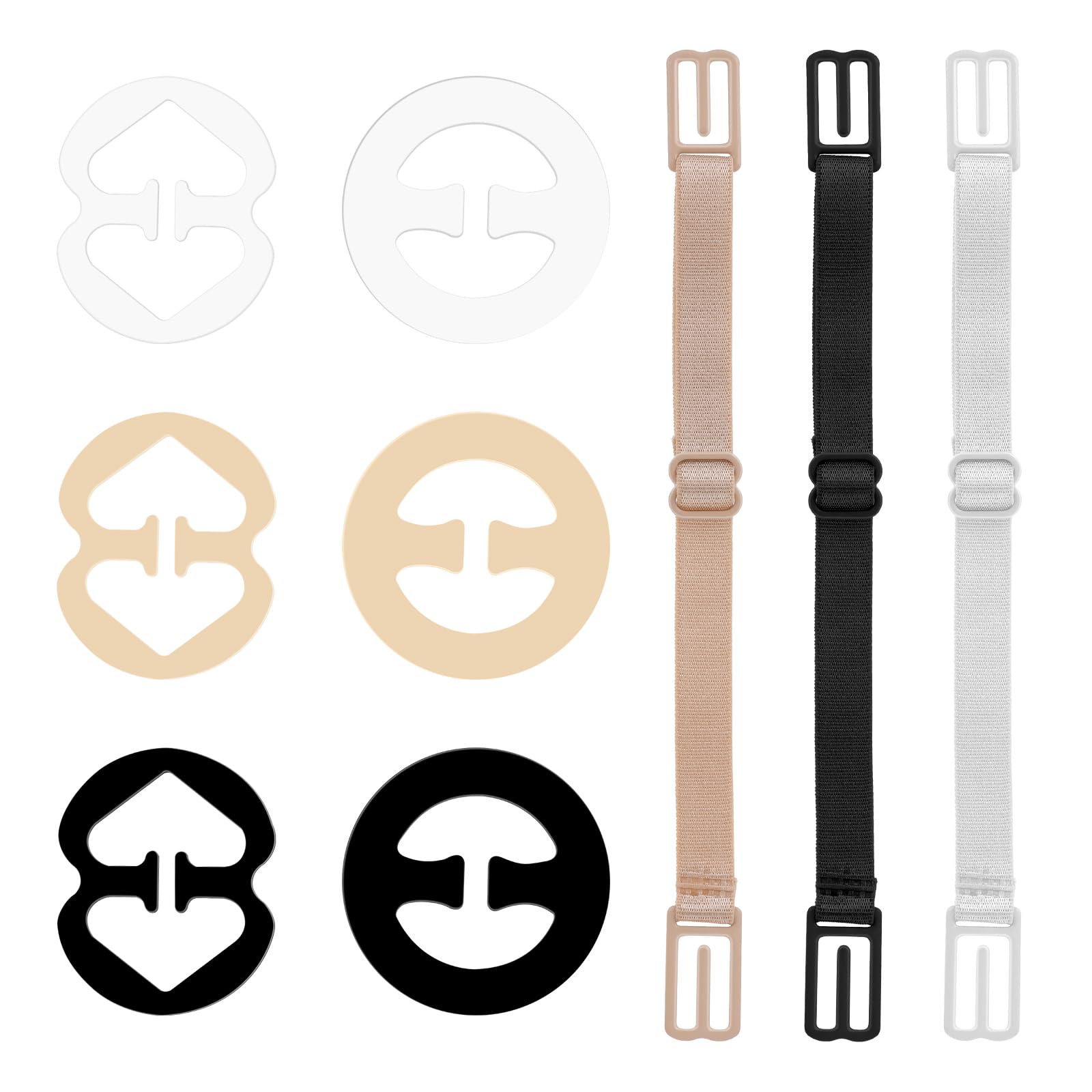 9PCS Adjustable Non-Slip Bra Strap Clips for Racerback - Black/White/Beige Bra Accessories for Cleavage Control & Shoulder Comfort | Full Cup Size Support | Perfect for Workouts, Dresses & Everyday Wear