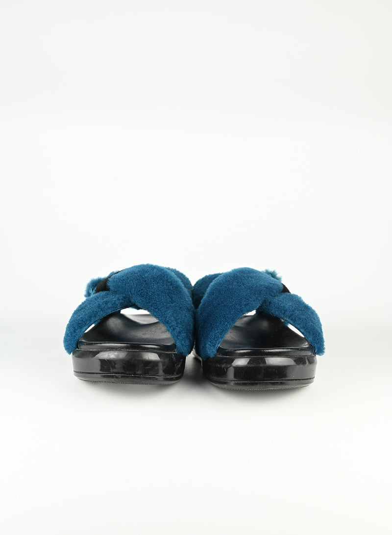 Prada Blue Fur Sandals Women's Size 39 - Luxury Designer Slides for Summer & Beach Wear