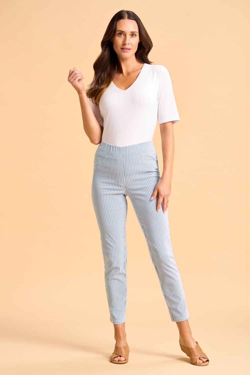 Bengajean® Women's 7/8 Length Seersucker Pants - Navy & White Striped Casual Trousers for Summer, Travel & Office Wear