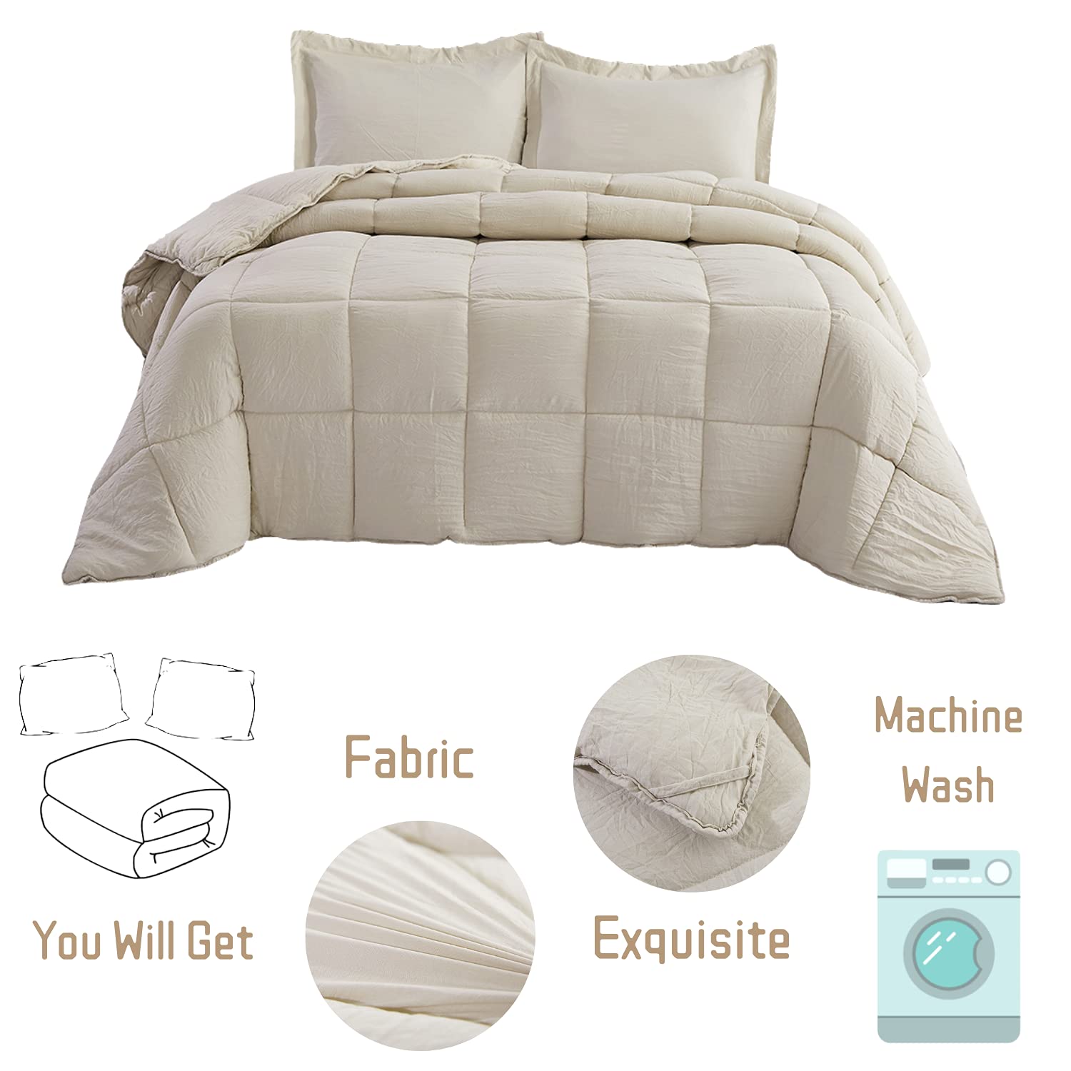 3-Piece All-Season Down Alternative Quilted Comforter Set with Corner Tabs - Super Soft Fiberfill Duvet Insert - Box Stitched Farmhouse Style Bedding for Twin & Twin XL - Prewashed Light Khaki - Perfect for Cozy Bedrooms & Guest Rooms