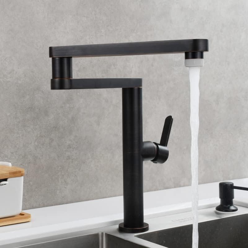 Solid Brass Deck Mounted Folding Faucet - Hot & Cold Water Mixing Double Handle Rotary Kitchen Sink Faucet - Oil Rubbed Bronze Finish - Universal Foldable Design for Small Spaces & RV Use