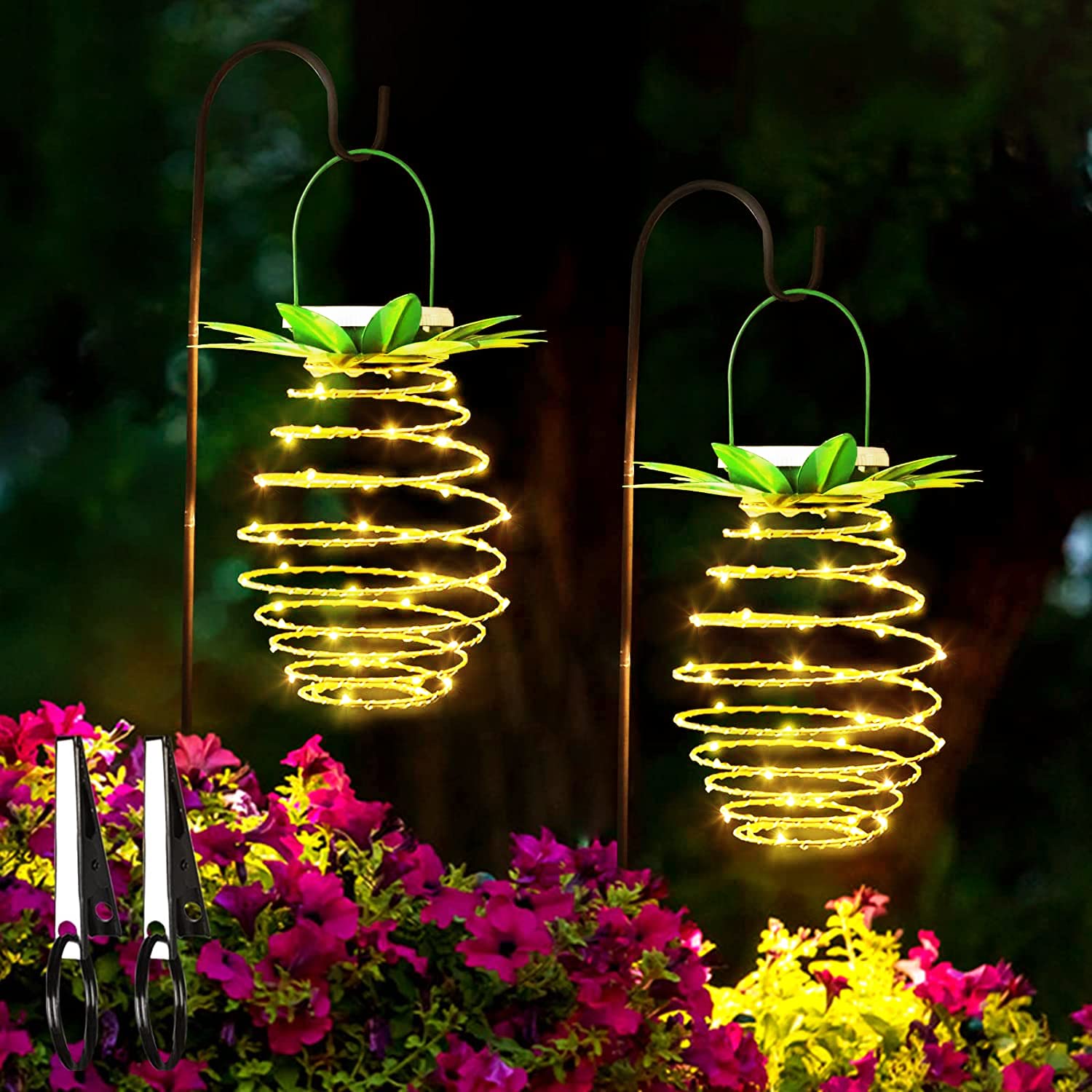 2 Pack Solar Pineapple Lights - 60 LED Warm White Outdoor Hanging Lanterns with Handle, Waterproof Solar Powered Garden Decor for Patio, Yard, Porch, Pathway - Perfect for Summer Nights & Tropical Themed Parties
