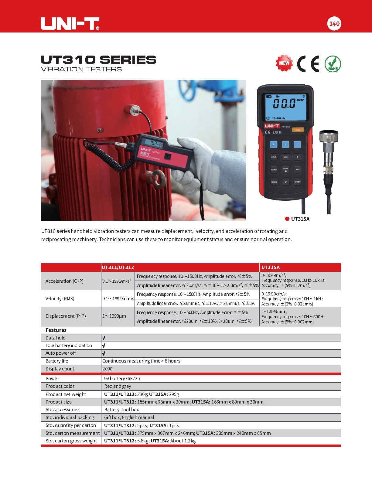 UNI-T UT315A Digital Vibration Tester - Measures Acceleration (0.1-200 m/s²), Speed (0.1-20 mm/s) & Displacement (1-2 mm) - Industrial Equipment Maintenance, Machine Condition Monitoring Tool
