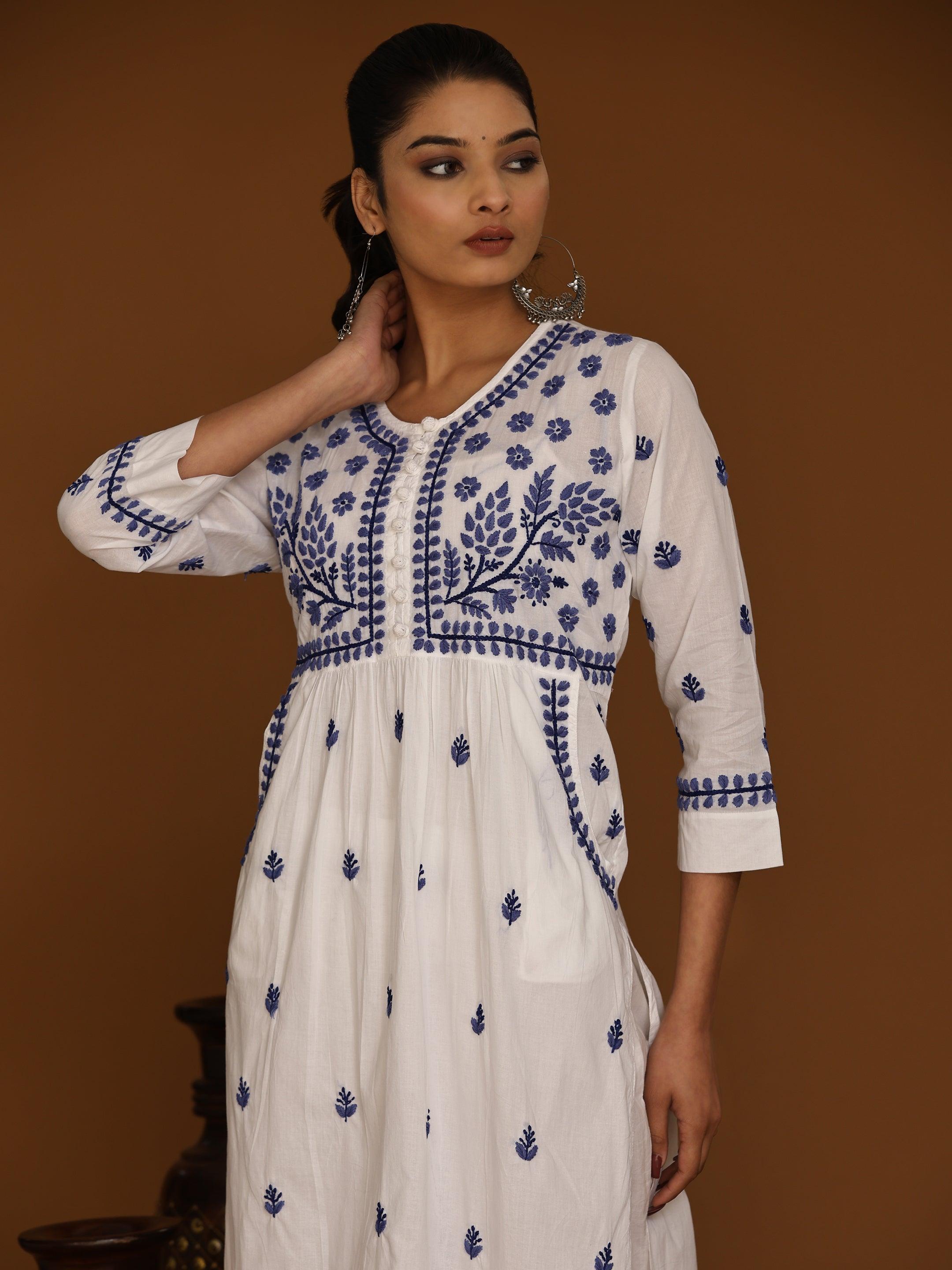 Elegant NOOR Chikankari Kurta with Pocket - White & Blue Embroidered Cotton Tunic for Women | Perfect for Festivals, Parties & Casual Wear
