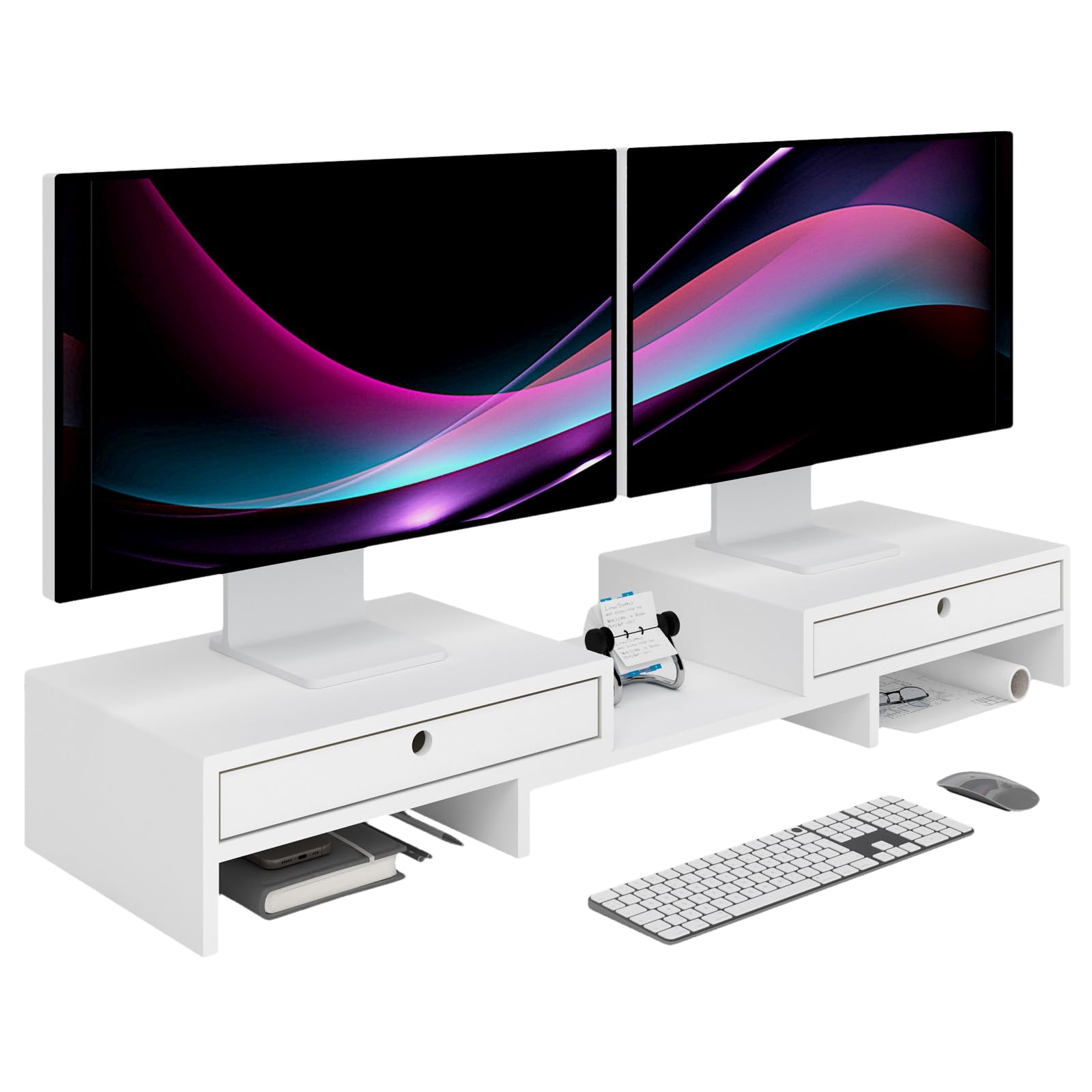 Adjustable Dual Monitor Stand Riser with 2 Drawers - Solid Wood Desktop Organizer for Laptop, PC & Computer - No Assembly Required - Perfect for Home Office & Workspace Organization