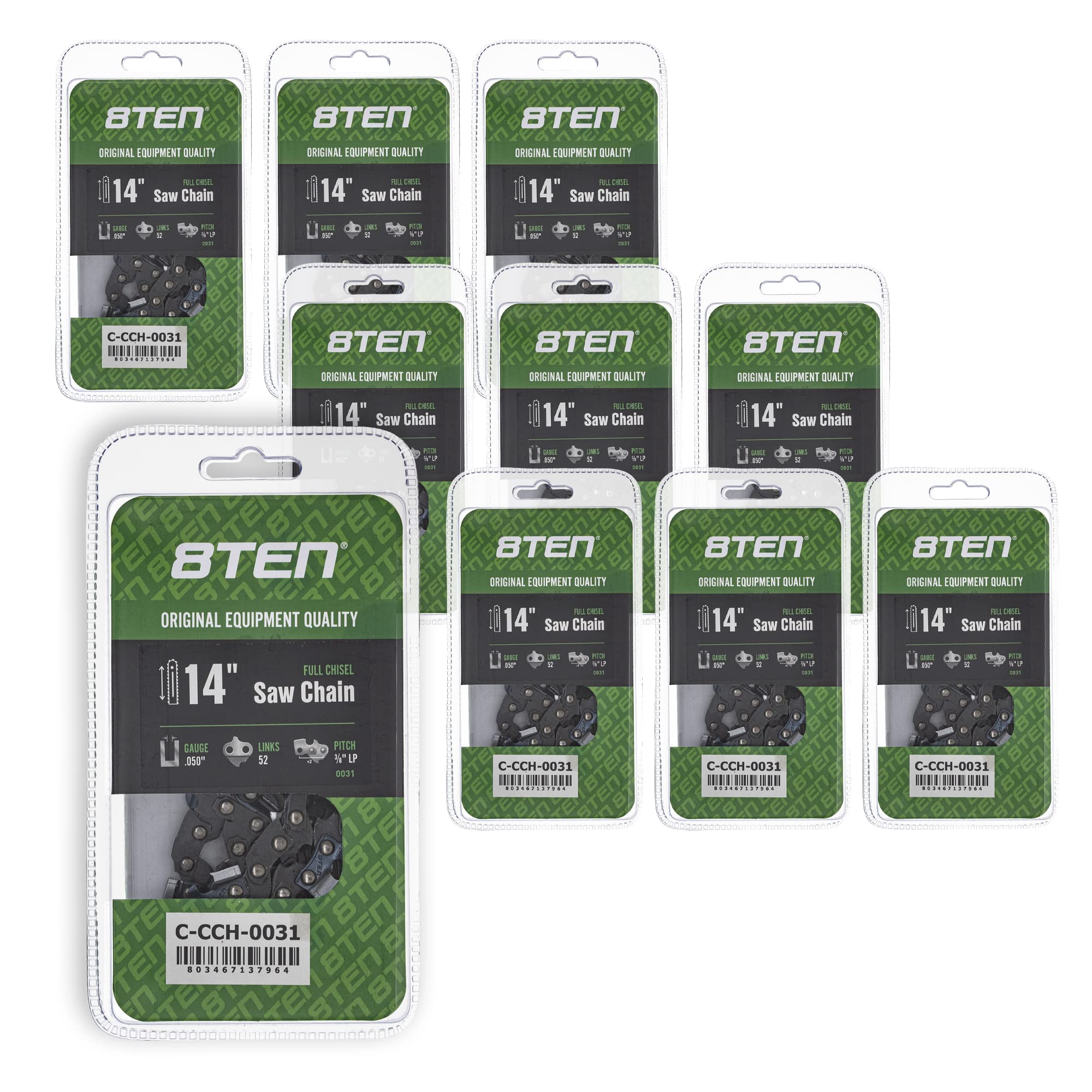 8TEN Full Chisel Chainsaw Chain 14 Inch .050 3/8 LP 52 DL - Compatible with Husqvarna 339XP, Echo CS-310, Craftsman (10 Pack) - Ideal for Tree Trimming, Firewood Cutting, and Landscaping
