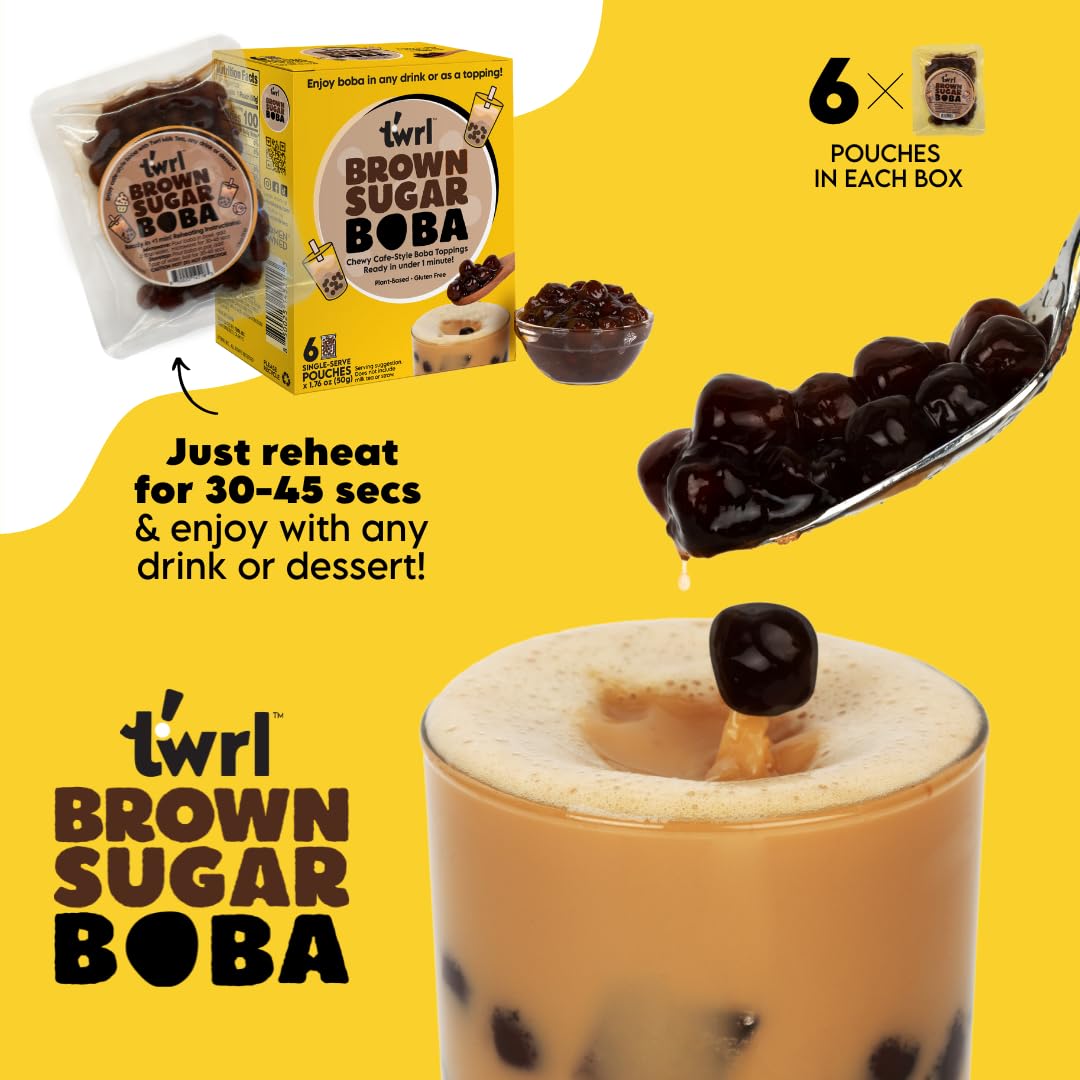 Twrl Brown Sugar Boba Bubble Tea Toppings - Authentic Taiwanese Tapioca Pearls for Milk Tea & Coffee | Gluten-Free, Vegan, Instant Boba (6 Single-Serve Pack) | Perfect for Home Bubble Tea, Coffee Shops & Dessert Toppings