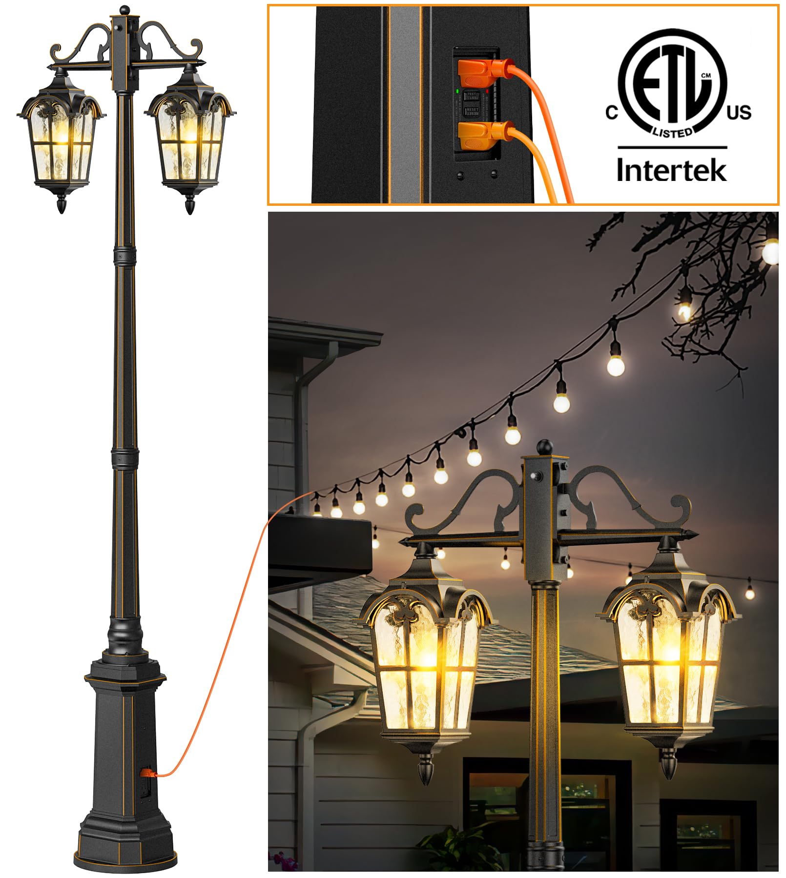 Outdoor Lamp Post Lights with GFCI Outlet - Dusk to Dawn Double Head Street Light Fixture - Black Aluminum Exterior Pole Lights - Waterproof Outdoor Lighting for Garden, Patio, Pathway, Driveway - Perfect for Landscape, Backyard, and Security Lighting