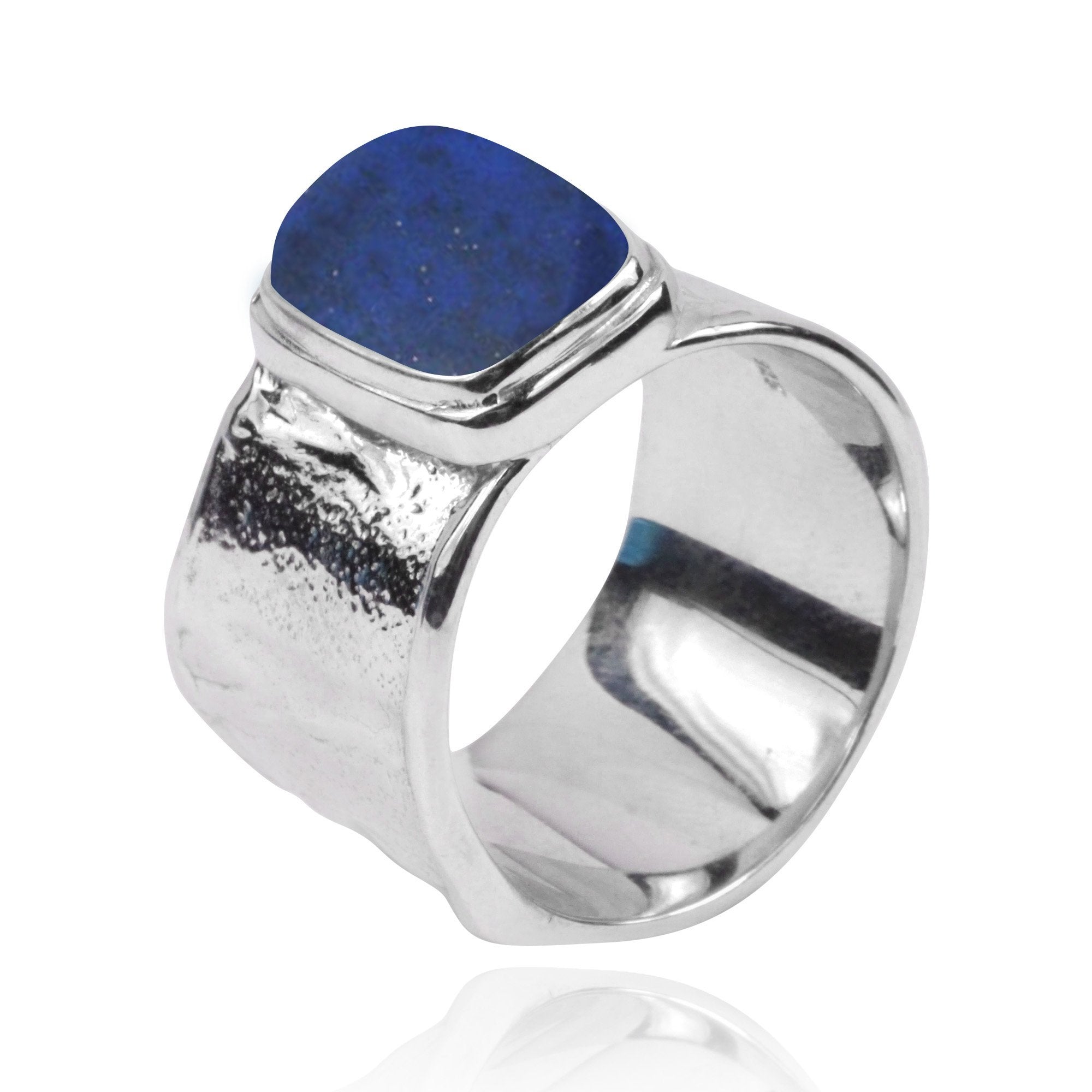 Hammered Sterling Silver Israeli Style Cushion Shaped Lapis Ring - Handmade Jewelry for Women, Unique Gift for Her, Perfect for Weddings & Special Occasions