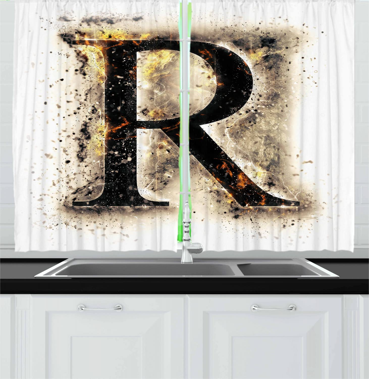 Ambesonne Letter R Long Kitchen Curtains - Baroque Style Capital R Print, Vintage Phonemes Writing Design, 2 Panel Rod Pocket Drapes (55x45 Inches, Tan Black Yellow) - Perfect for Farmhouse, Victorian or Study Room Decor