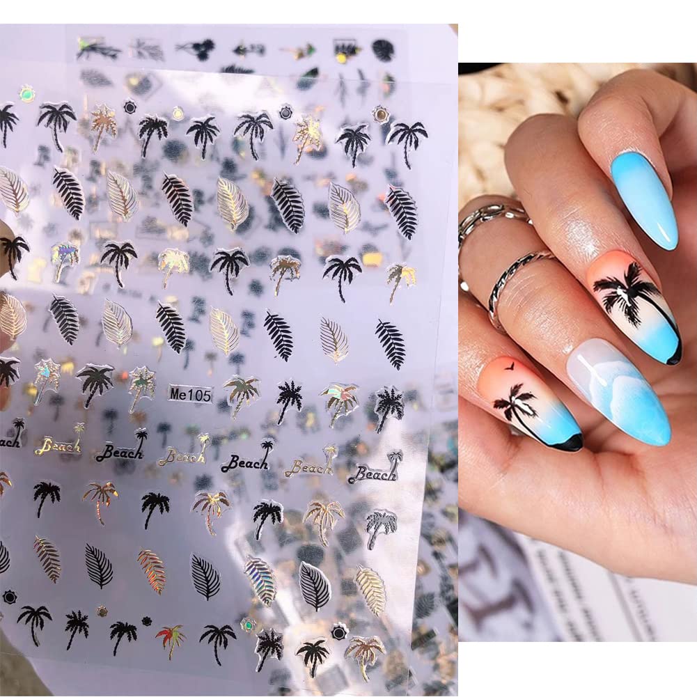 6 Sheets Gold Nail Stickers - 3D Self-Adhesive Flower & Tropical Nail Art Designs for Women - DIY Nail Decoration Supplies for Acrylic Nails - Perfect for Summer Vacations, Beach Parties & Bridal Manicures