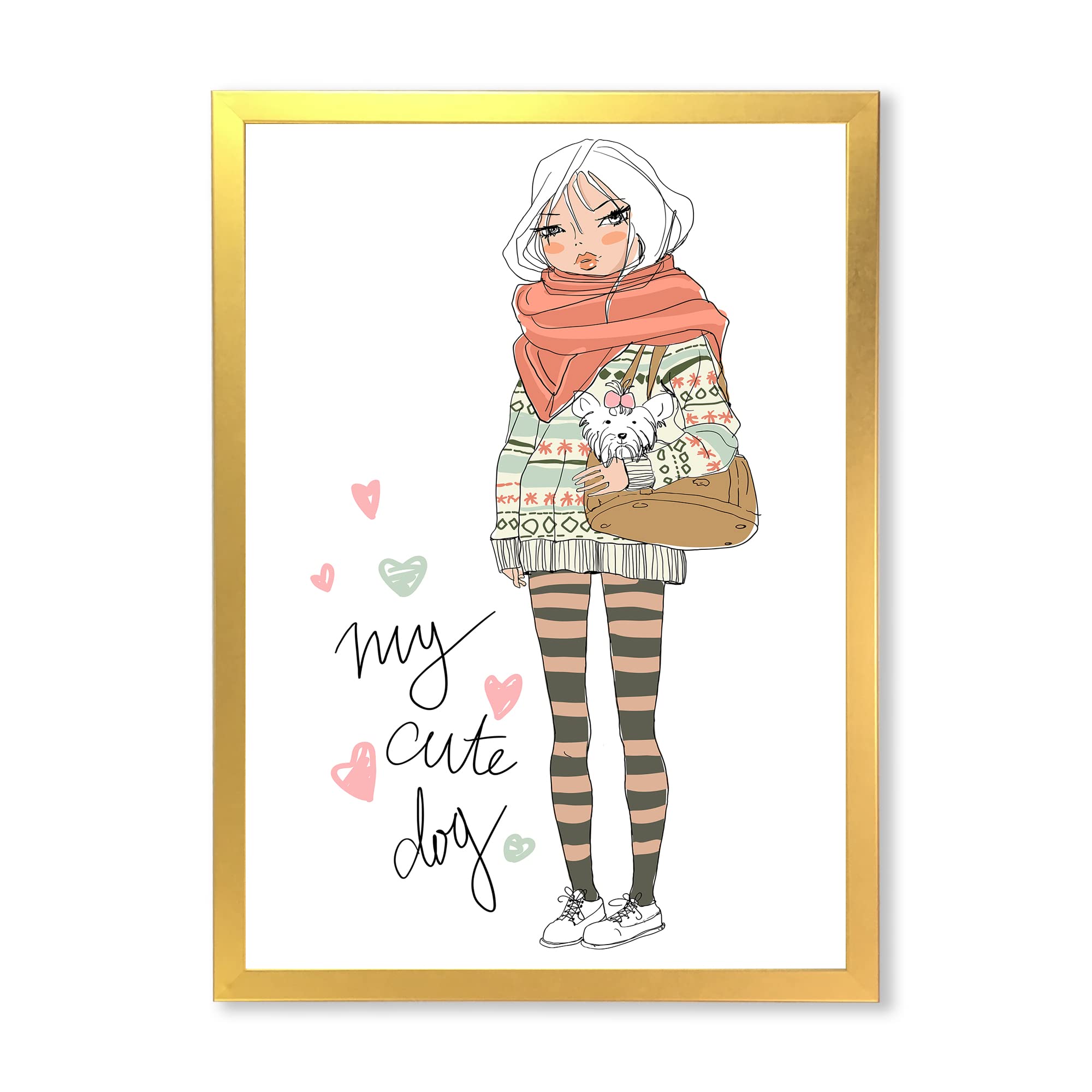 Shabby Chic Framed Wall Art - Cute Girl with Dog Painting, Vintage Home Decor for Living Room, Bedroom & Nursery