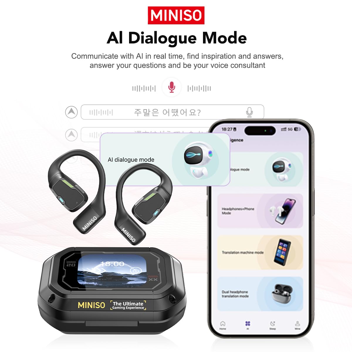 MINISO M98 Bluetooth 5.4 Open Ear Earbuds with AI Real-Time Translation (135 Languages), Touch Screen Display, Gaming Earphones - Perfect for Travel, Business Meetings & Multilingual Communication
