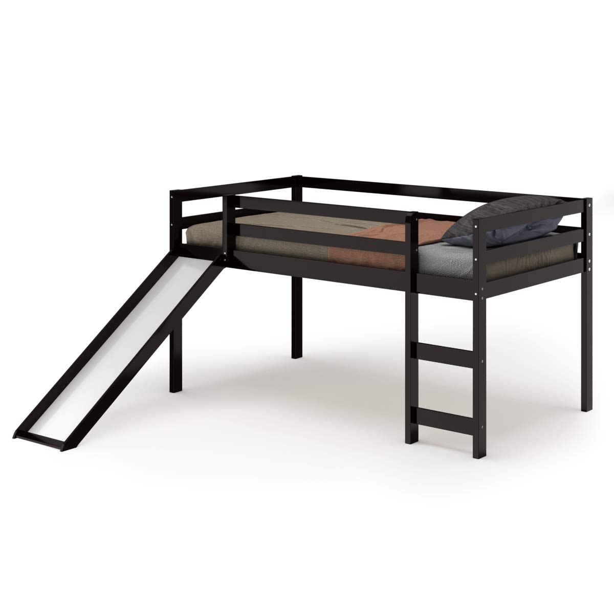 Costzon Twin Loft Bunk Bed with Slide - Solid Wood Kids Bunk Bed Frame with Built-in Ladder, Safety Guard Rail & Storage Space - Low Profile Bunk Bed for Boys & Girls Bedroom (Espresso) - Perfect for Small Spaces, Kids' Rooms, Sleepovers & Space-Saving Solutions