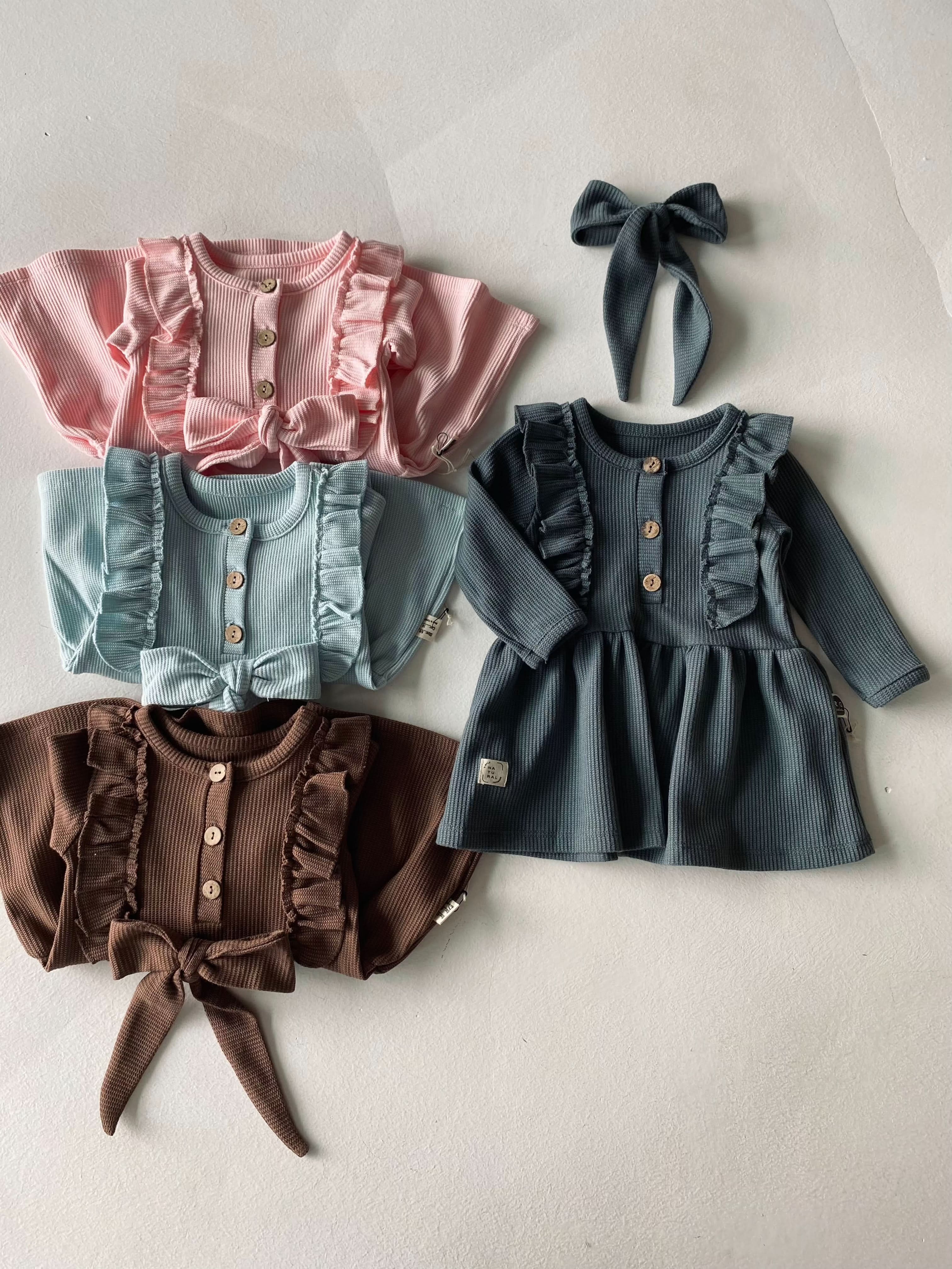 Baby Girl Waffle Fabric Ruffle Dress Set - Cute Outfit for Newborns, Infants & Toddlers - Perfect for Parties, Photo Shoots & Special Occasions