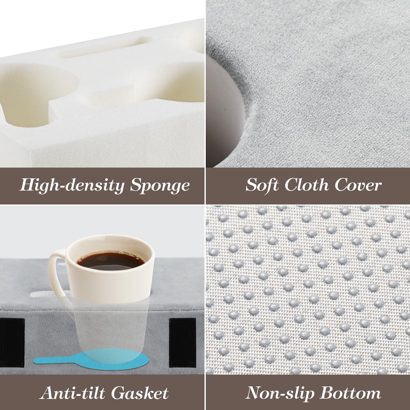 Luxspire Couch Cup Holder Tray with 8 Holes & Side Pocket - Multi-Functional Tablet Pillow Caddy for iPad, Drinks, Remote Control & Snacks (Gray) - Perfect for Living Room, Bedroom & Movie Nights
