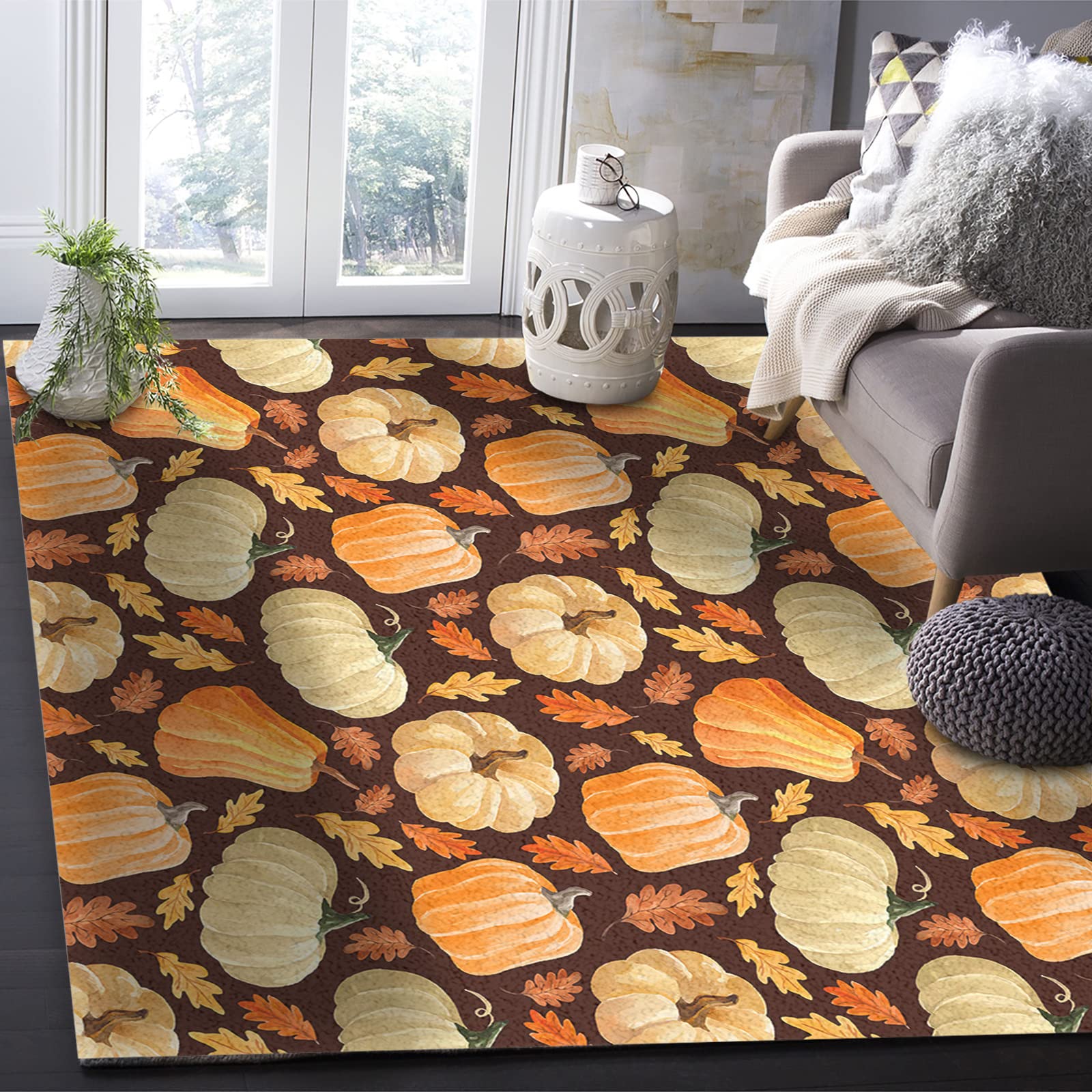 Modern Rectangle Area Rug - Soft Indoor Carpet Floor Mat for Living Room, Bedroom, Kitchen | Fall Harvest Thanksgiving Decor with Pumpkin & Maple Leaf Design | Non-Slip Kids Play Mat & Comfort Runner